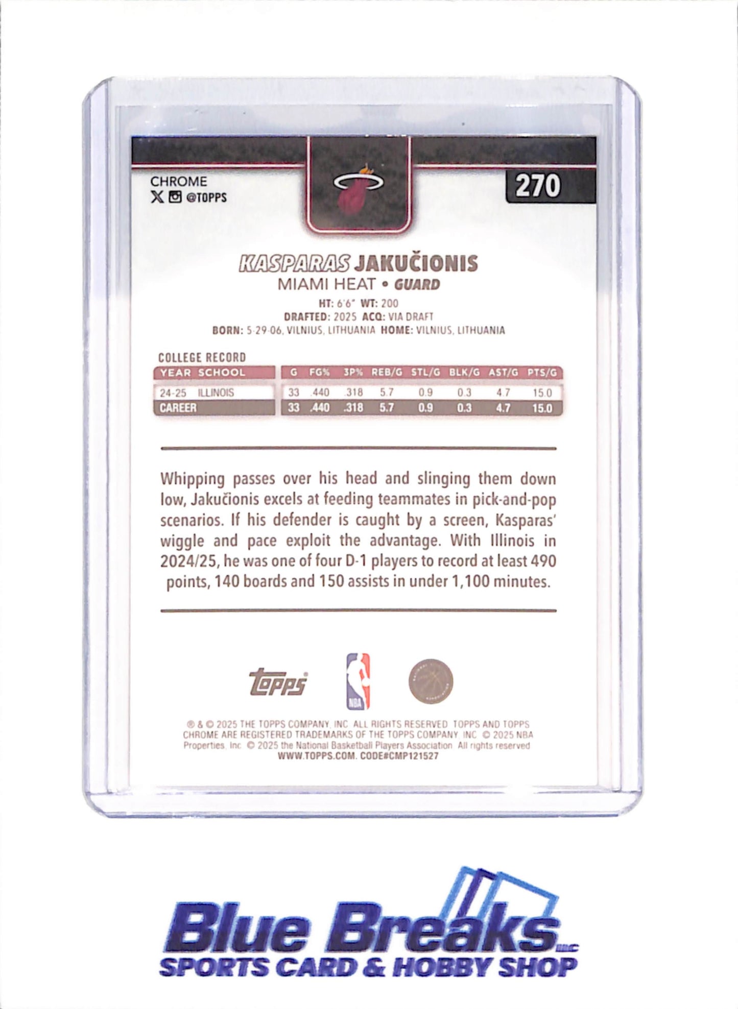 2025 Topps Chrome - Kasparas Jakucionis - Blue Xfractor - RC - Miami Heat - Basketball - #270