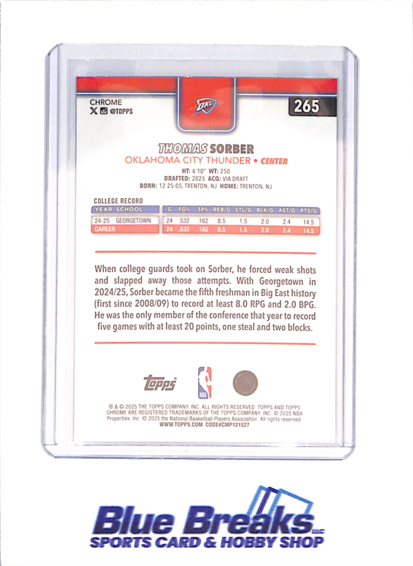 2025 Topps Chrome - Thomas Sorber - Blue Xfractor - RC - Oklahoma City Thunder - Basketball - #265