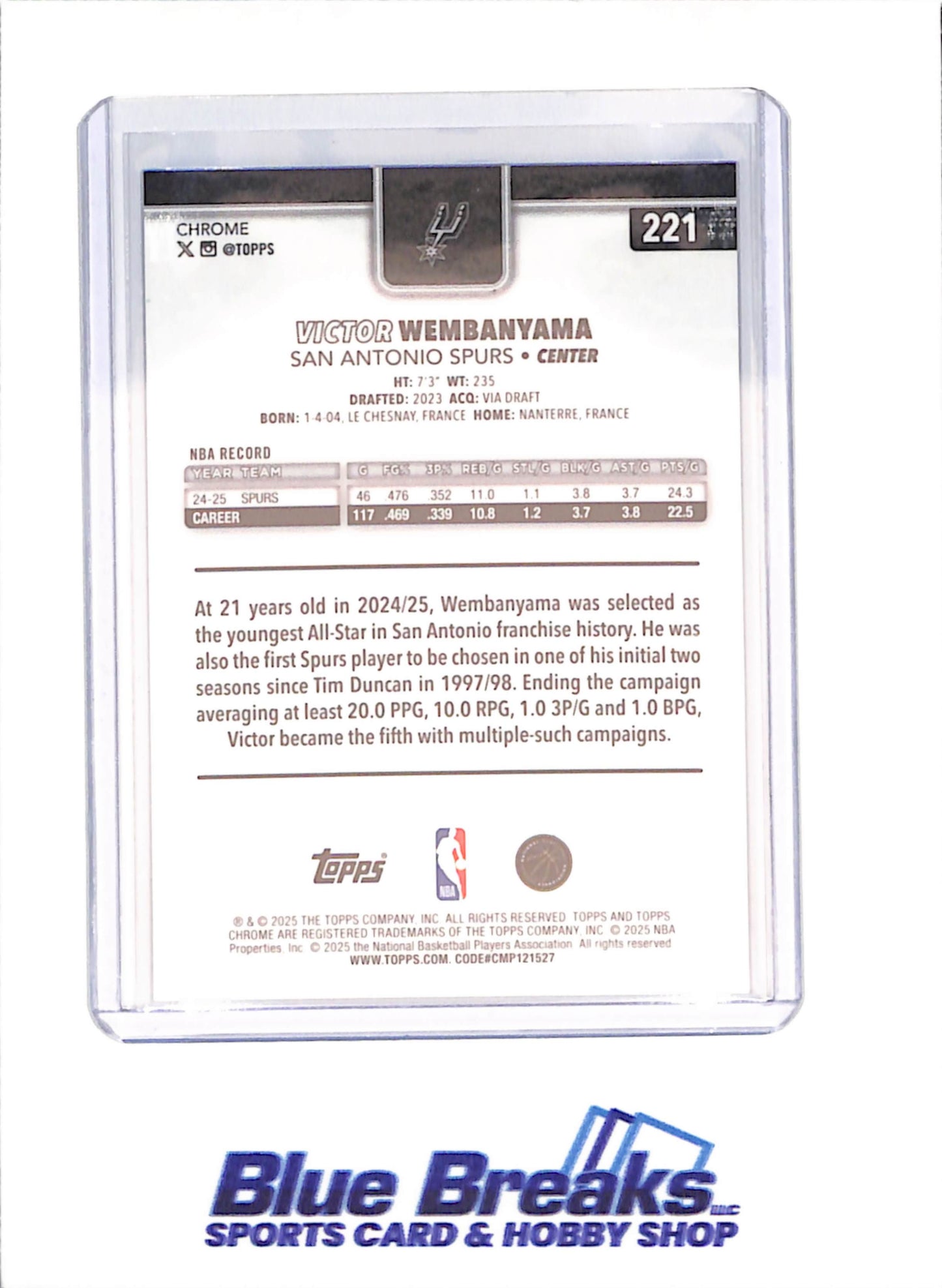 2025 Topps Chrome - Victor Wembanyama - Blue Xfractor - San Antonio Spurs - Basketball - #221