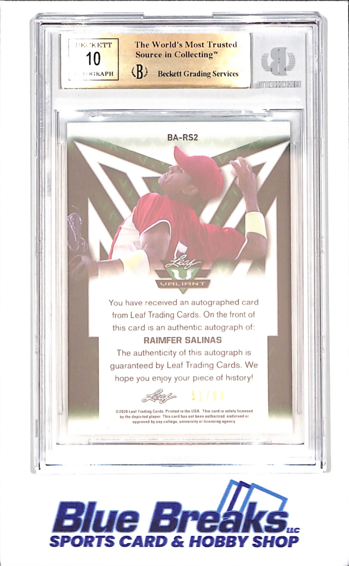 2020 Leaf Valiant - Raimfer Salinas - Green - Autograph - RC - 51/99 - BGS 9.5 - Beckett 10 Auto - Baseball - #BA-RS2