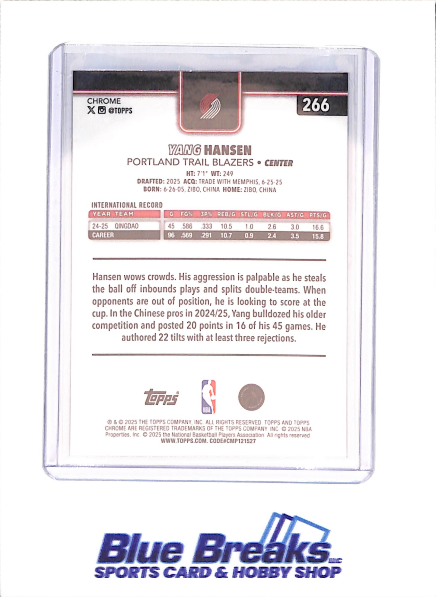 2025-26 Topps Chrome - Yang Hansen - RC - Blue Xfractor - Portland Trail Blazers - Basketball - #266