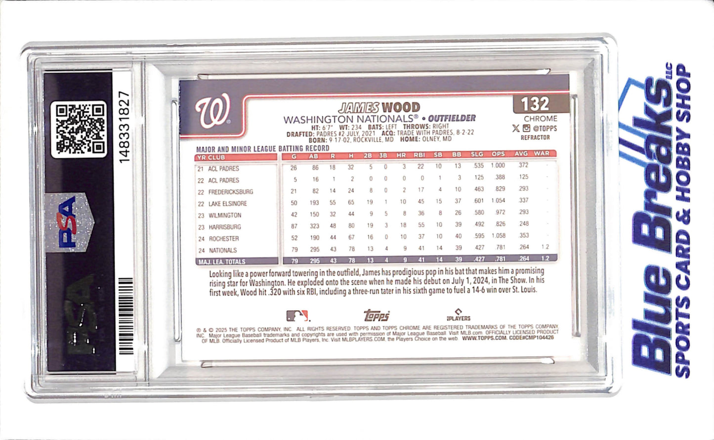2025 Topps Chrome - James Wood - Refractor - RC - PSA 9 - Washington Nationals - Baseball - #132