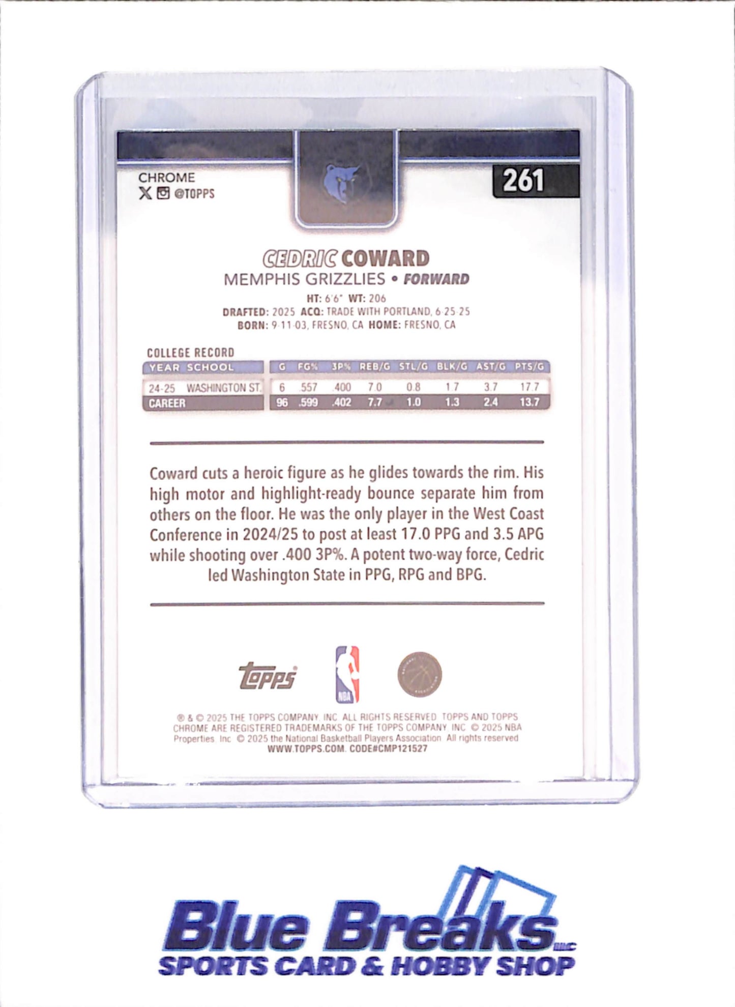 2025-26 Topps Chrome - Cedric Coward - RC - Blue Xfractor - Memphis Grizzlies - Basketball - #261