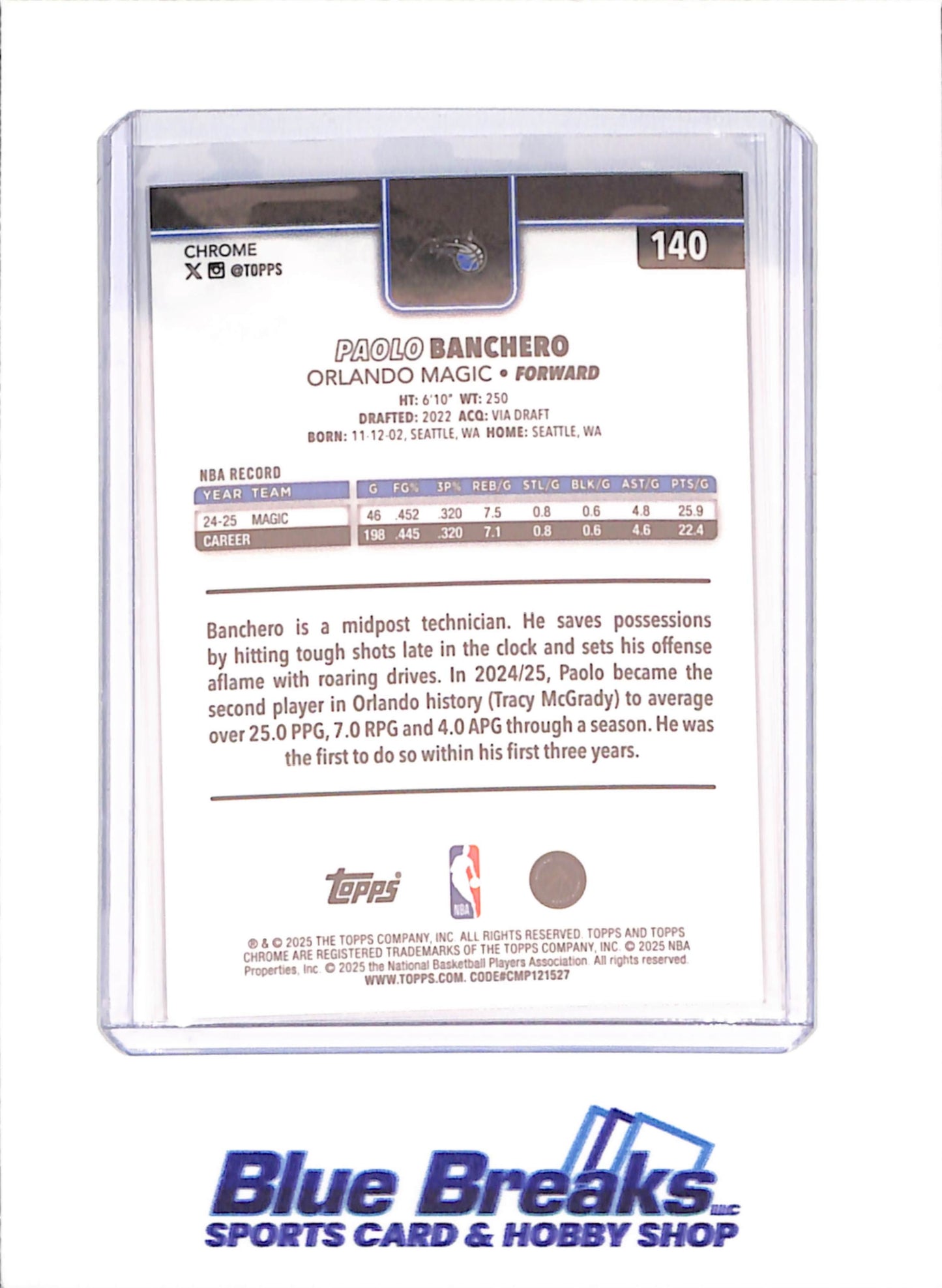 2025-26 Topps Chrome - Paolo Banchero - Blue Xfractor - Orlando Magic - Basketball - #140