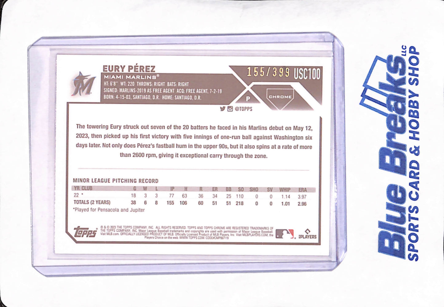 2023 Topps Chrome - Eury Perez - Pink - Miami Marlins - 155/399 - RC - Baseball - #USC100