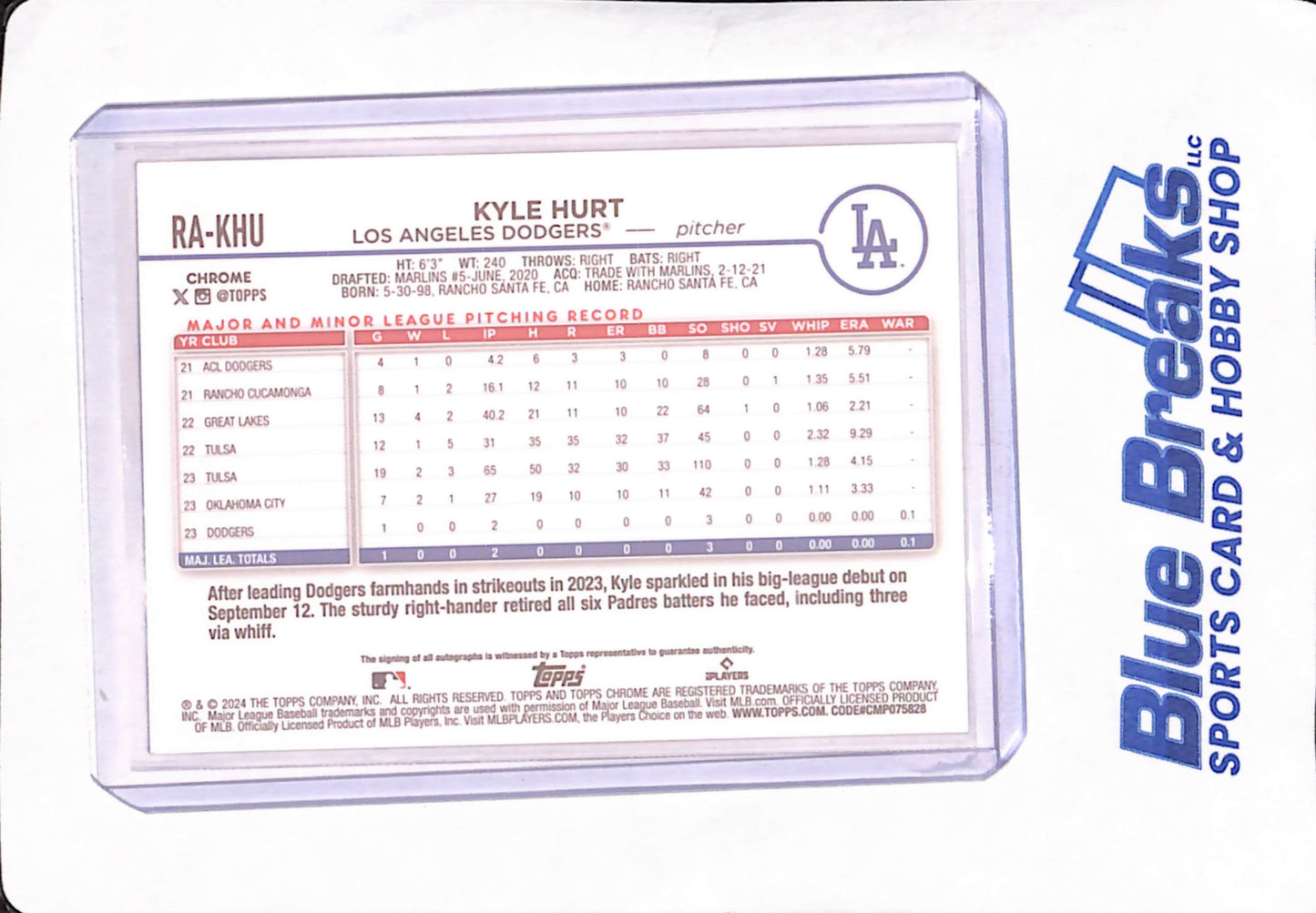 2024 Topps Chrome - Kyle Hurt - Autograph - Purple Speckle - RC - Los Angeles Dodgers - 046/299 - Baseball - #RA-KHU