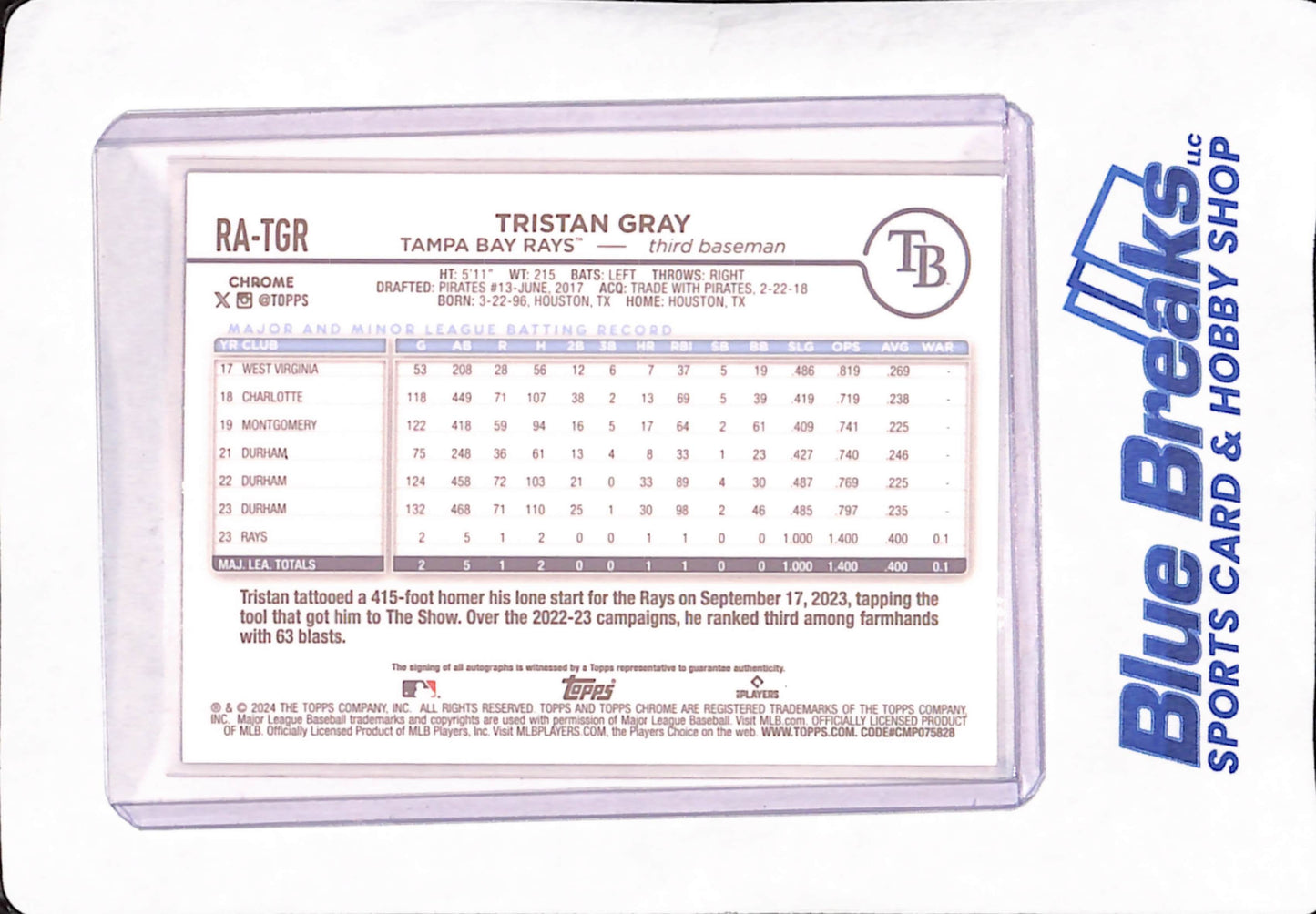 2024 Topps Chrome - Tristan Gray - Autograph - Purple Speckle - Tampa Bay Rays - RC - Baseball - 171/299 - #RA-TGR