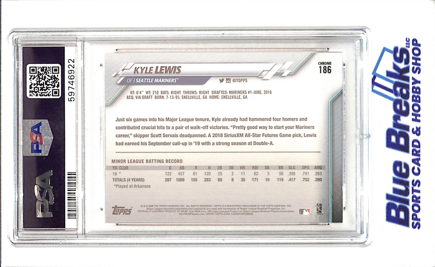 2020 Topps Chrome - Kyle Lewis - RC - PSA 10 - Seattle Mariners - Baseball - #186