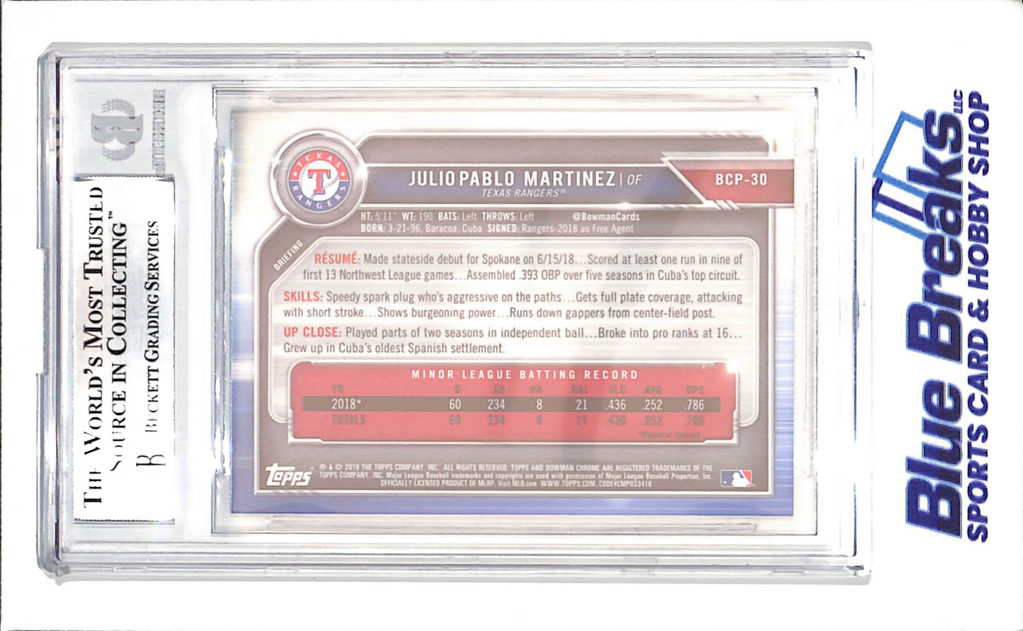 2019 Bowman Chrome - Julio Pablo Martinez - Chrome Mega Prospects Refractor - Beckett 8.5 - Bowman 1st - Texas Rangers - Baseball - #BCP30