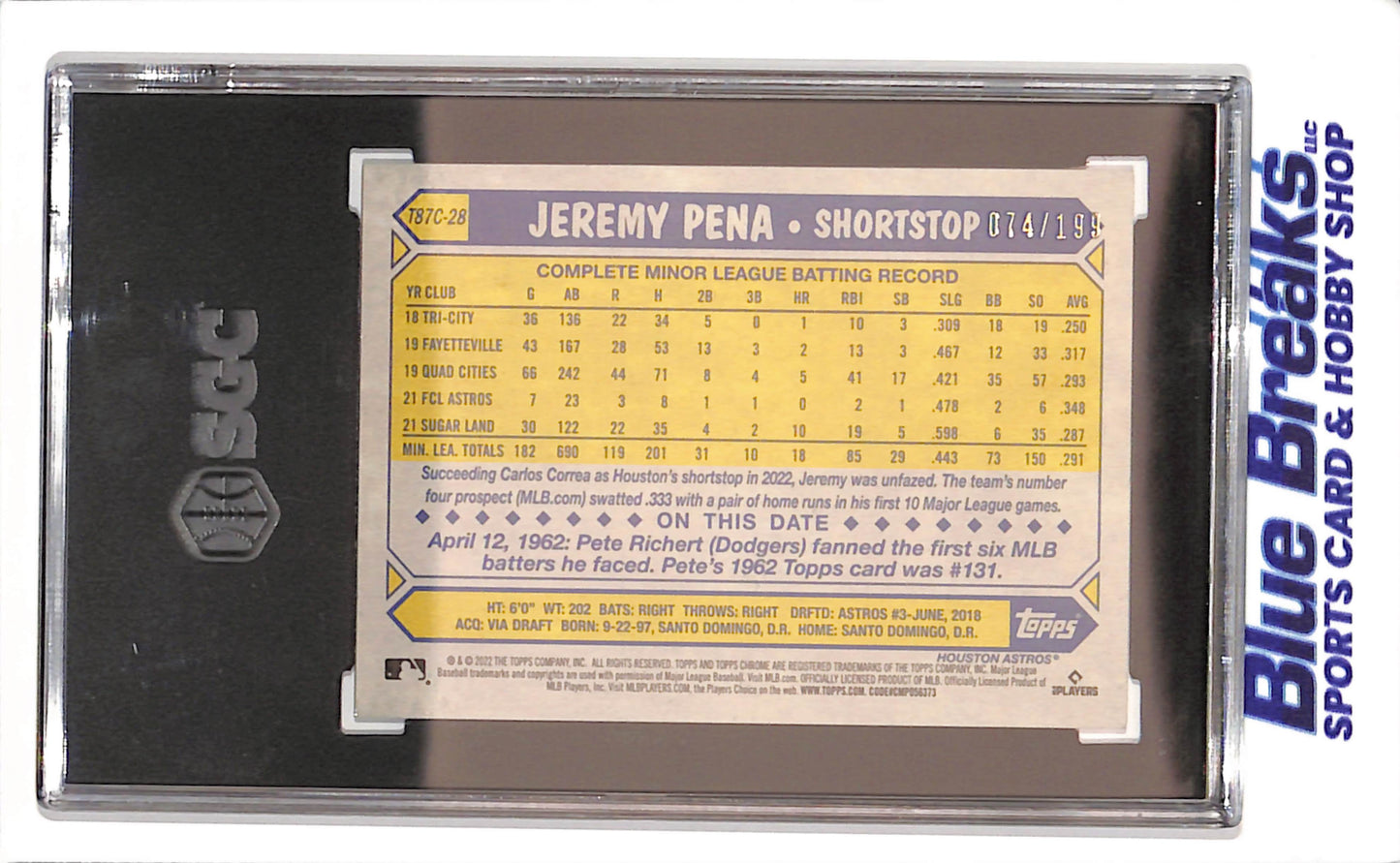 2022 Topps Chrome - Jeremy Pena - Black Refractor - 74/199 - '87 Chrome Mojo - RC - Houston Astros - Baseball - CGC 9 - #T87C-28