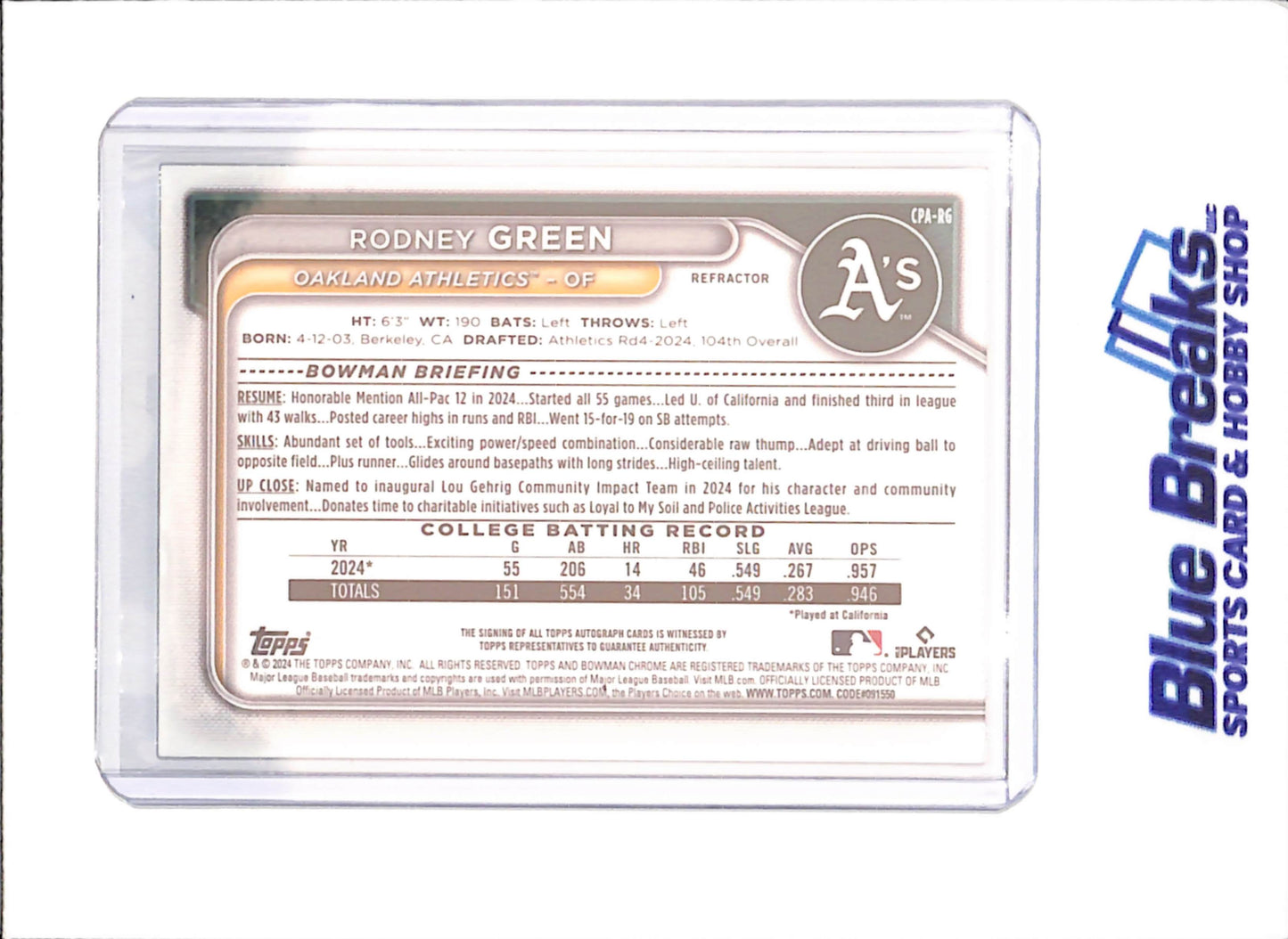 2024 Bowman Draft - Rodney Green - Bowman 1st Chrome - Autograph - 226/499 - Oakland Athletics - Baseball - #CPA-RG