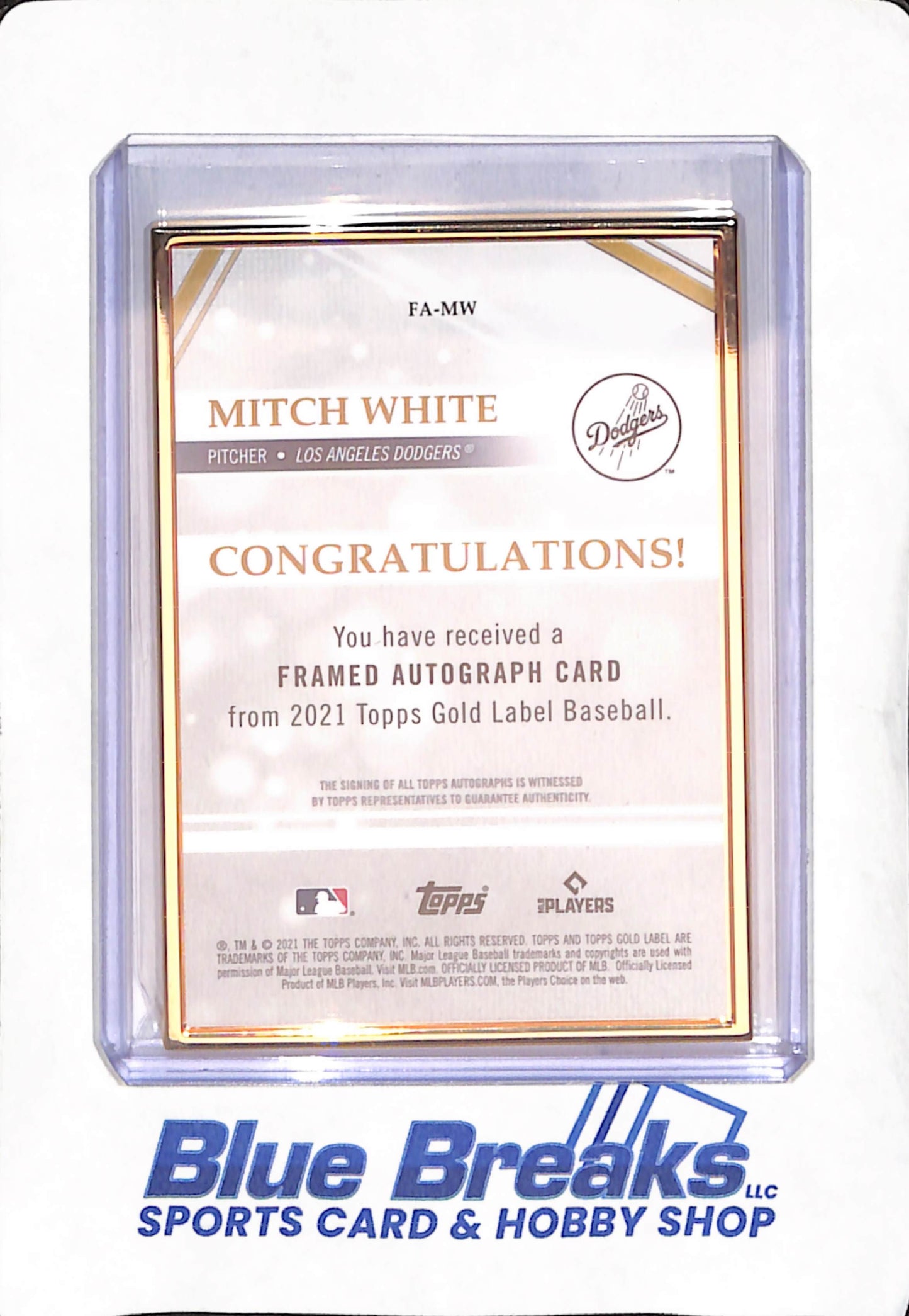 2021 Topps Gold Label - Mitch White - Autograph - RC - Los Angeles Dodgers - Baseball - #FA-MW