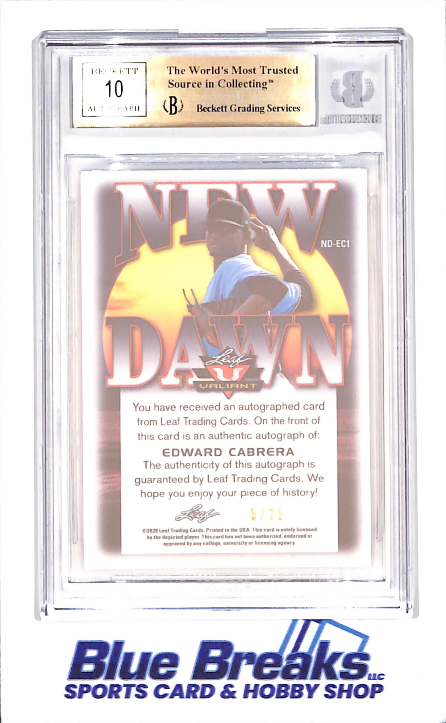 2020 Leaf Valiant - Edward Cabrera - New Dawn - Purple - Autograph - Beckett 9.5 - 5/25 - Miami Marlins - Baseball - #NDEC1