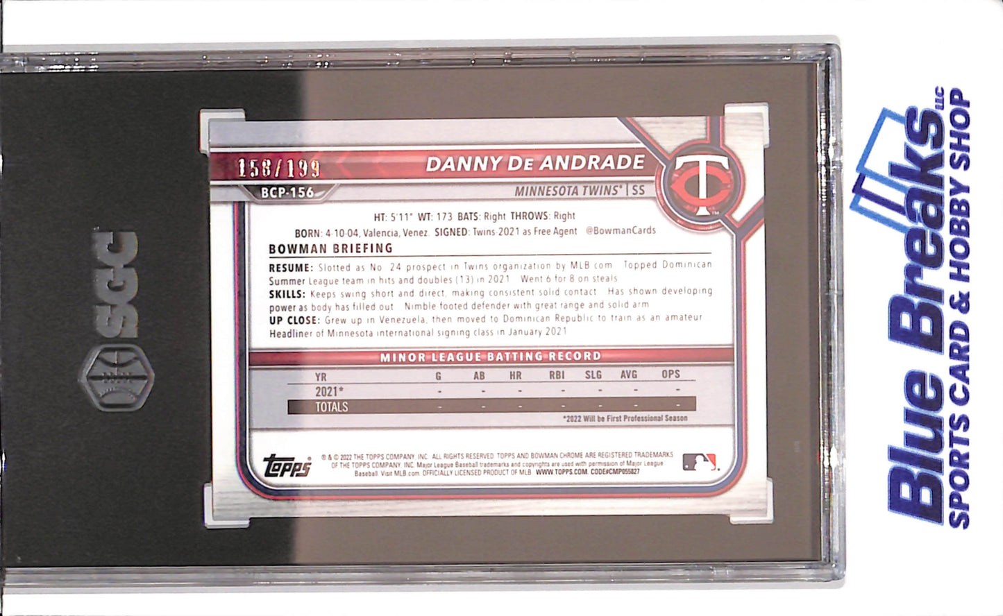 2022 Bowman Chrome - Danny De Andrade - Fuchsia Shimmer - 158/199 - 1st Bowman - SGC 8 - Minnesota Twins - Baseball - #BCP-156