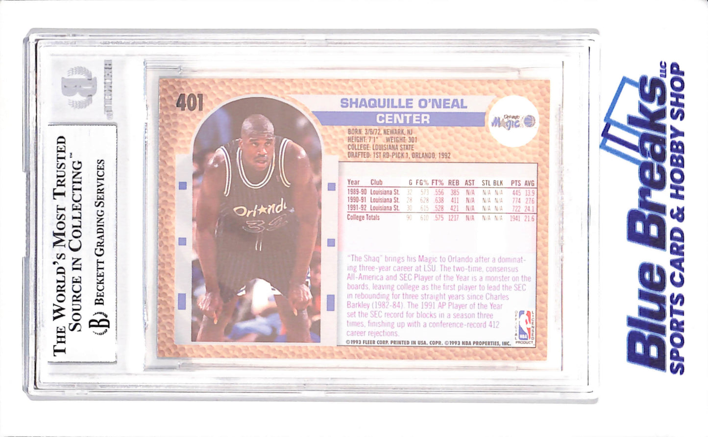 1992-93 Fleer - Shaquille O'Neille - RC - Beckett 8.5 - Orland Magic - Basketball - #401