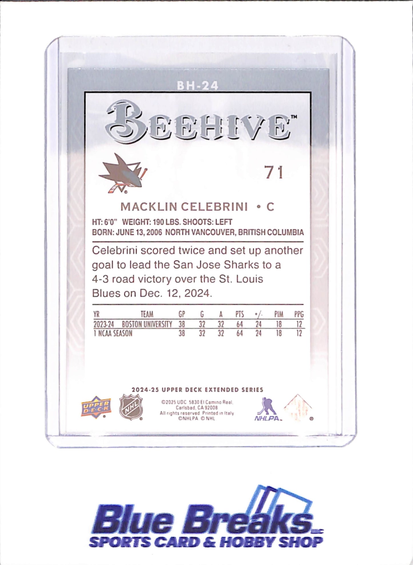 2024-25 Upper Deck Extended Series - Macklin Celebrini - Beehive - Rookie - San Jose Sharks - Hockey - #BH-24