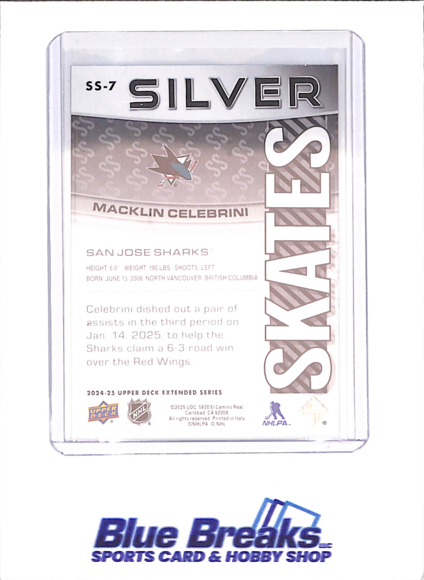 2024-25 Upper Deck Extended Series - Macklin Celebrini - Silver Skates - RC - San Jose Sharks - Hockey - #SS-7