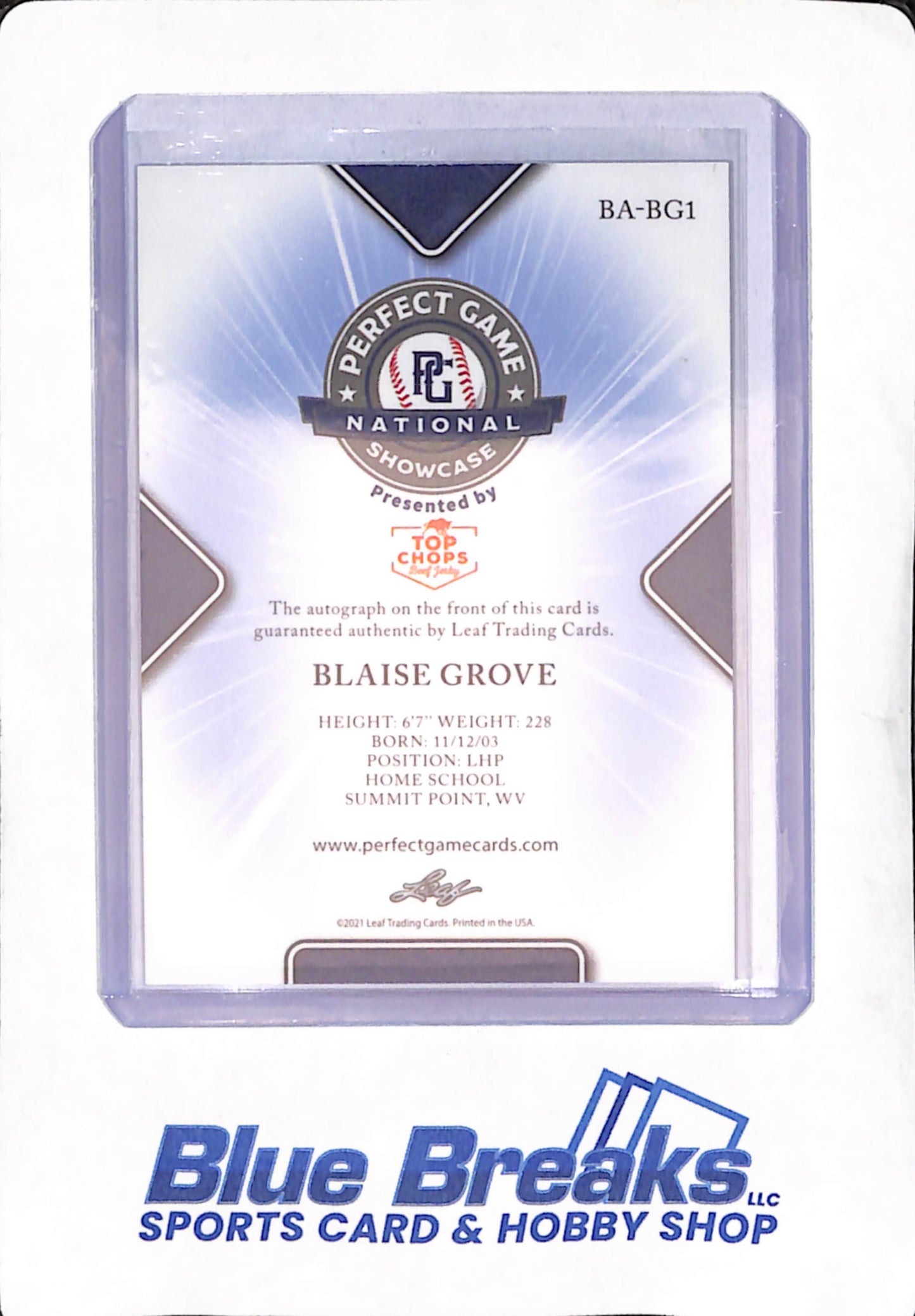 2021 Leaf - Pink - Perfect Game - National Showcase - Blaise Grove - auto - 1/1 - #BA-BG1 - Baseball