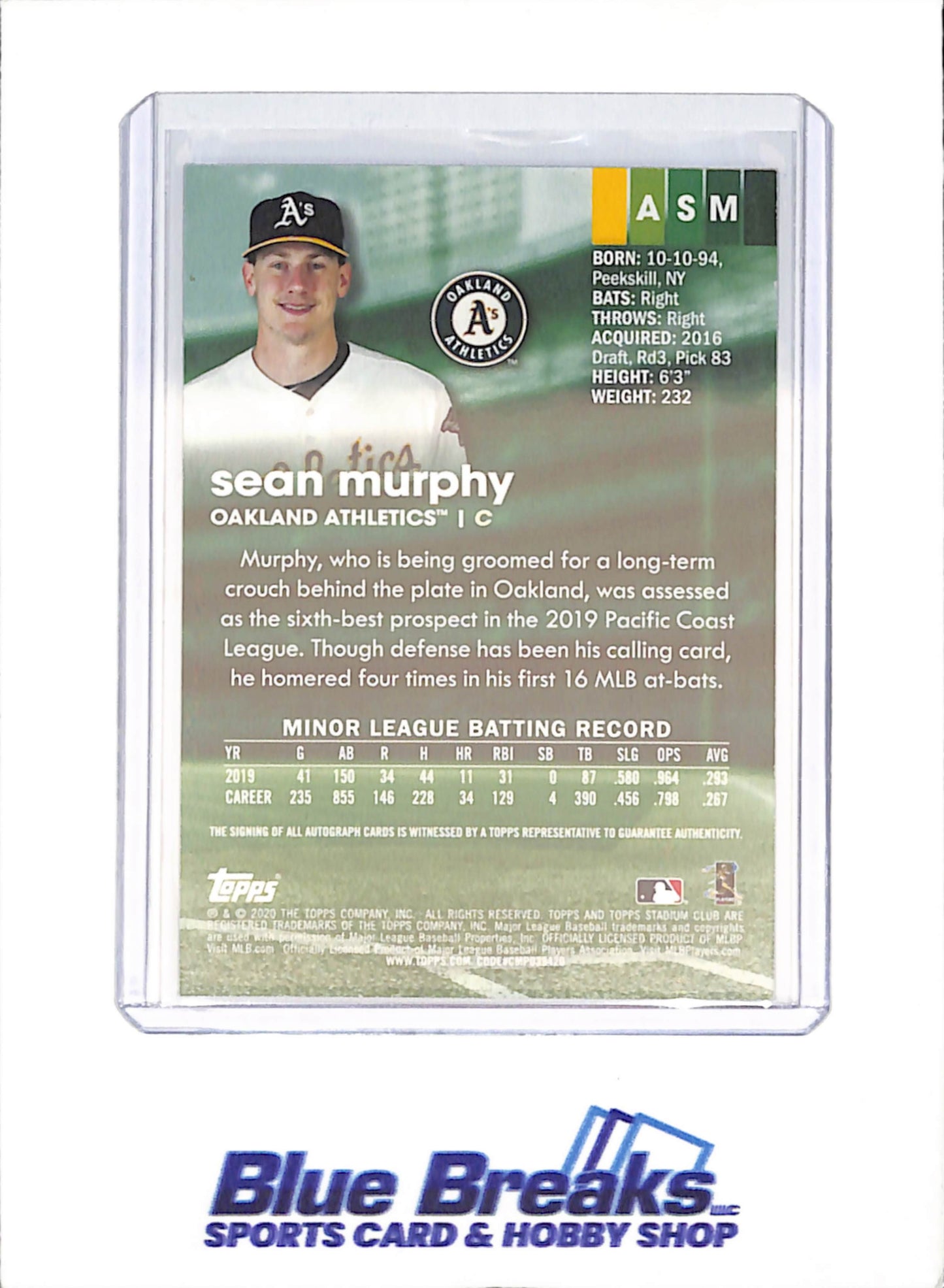2020 Topps Stadium Club - Sean Murphy - Autograph - RC - Oakland Athletics - Baseball - #ASM