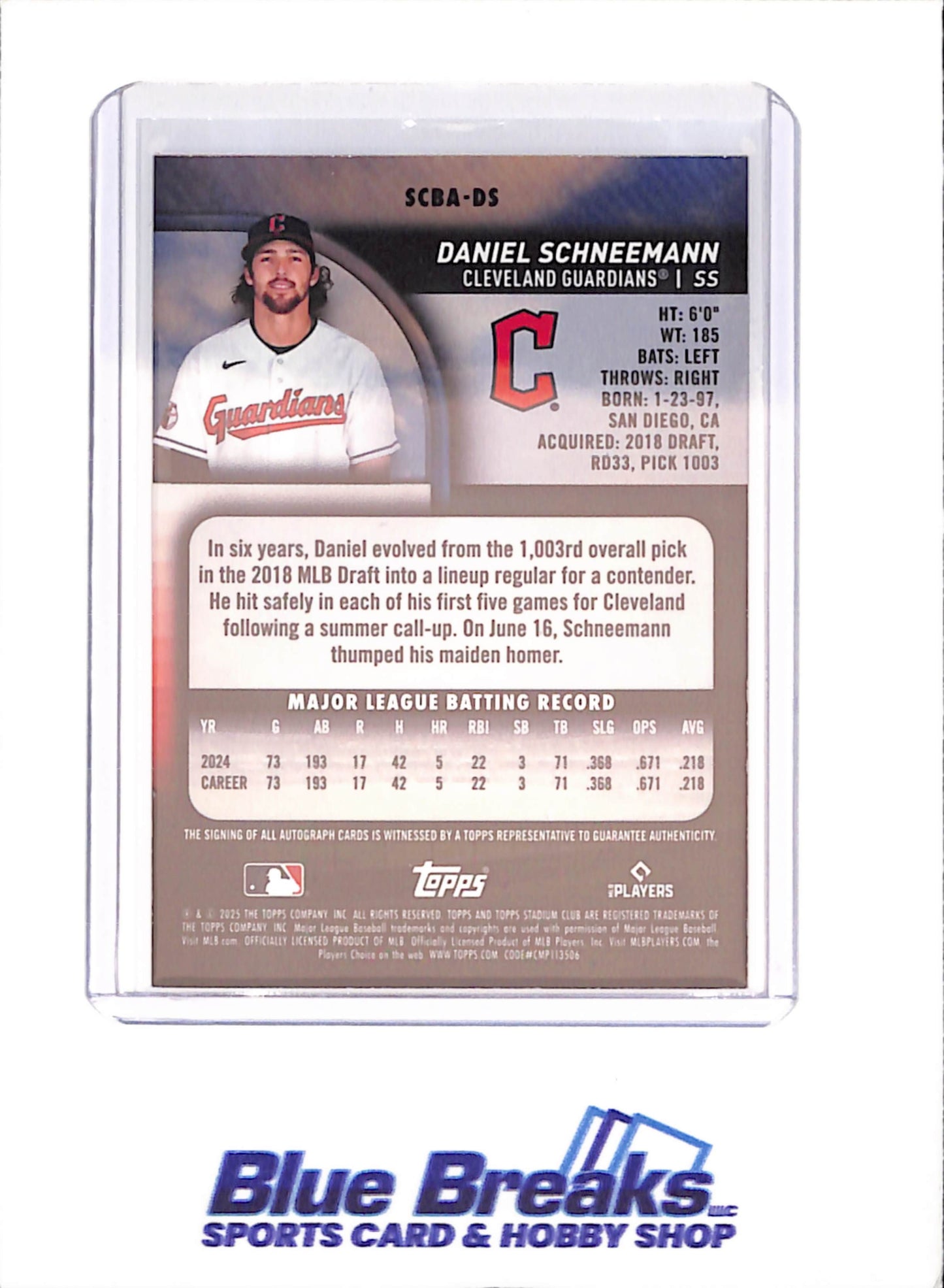 2025 Topps Stadium Club - Daniel Schneemann - Autograph - RC - Cleveland Guardians - Baseball - #SCBA-DS