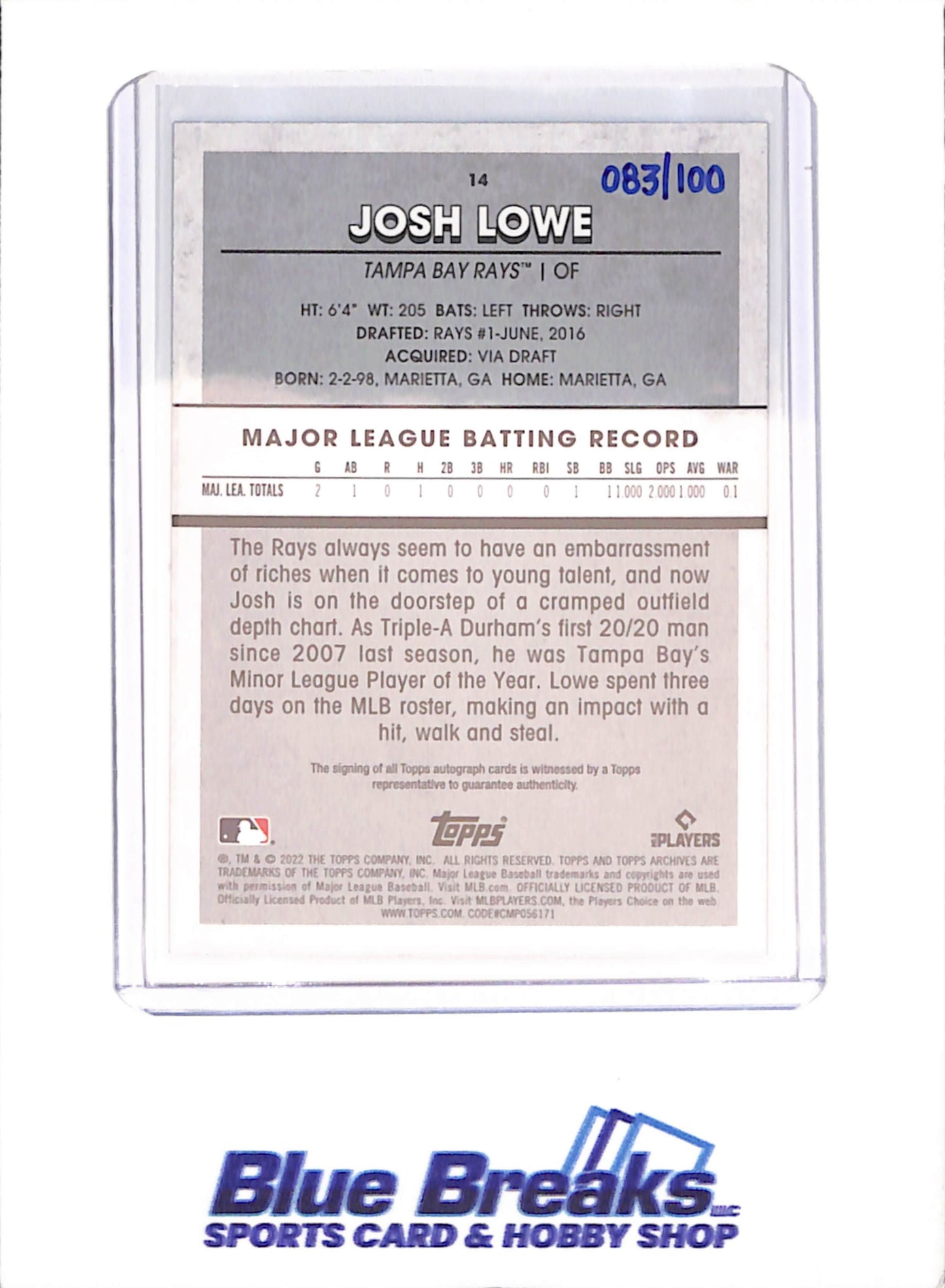 2022 Topps Archives - Josh Lowe Negative Autograph - RC - 83/100 - Tampa Bay Rays - Baseball - #14