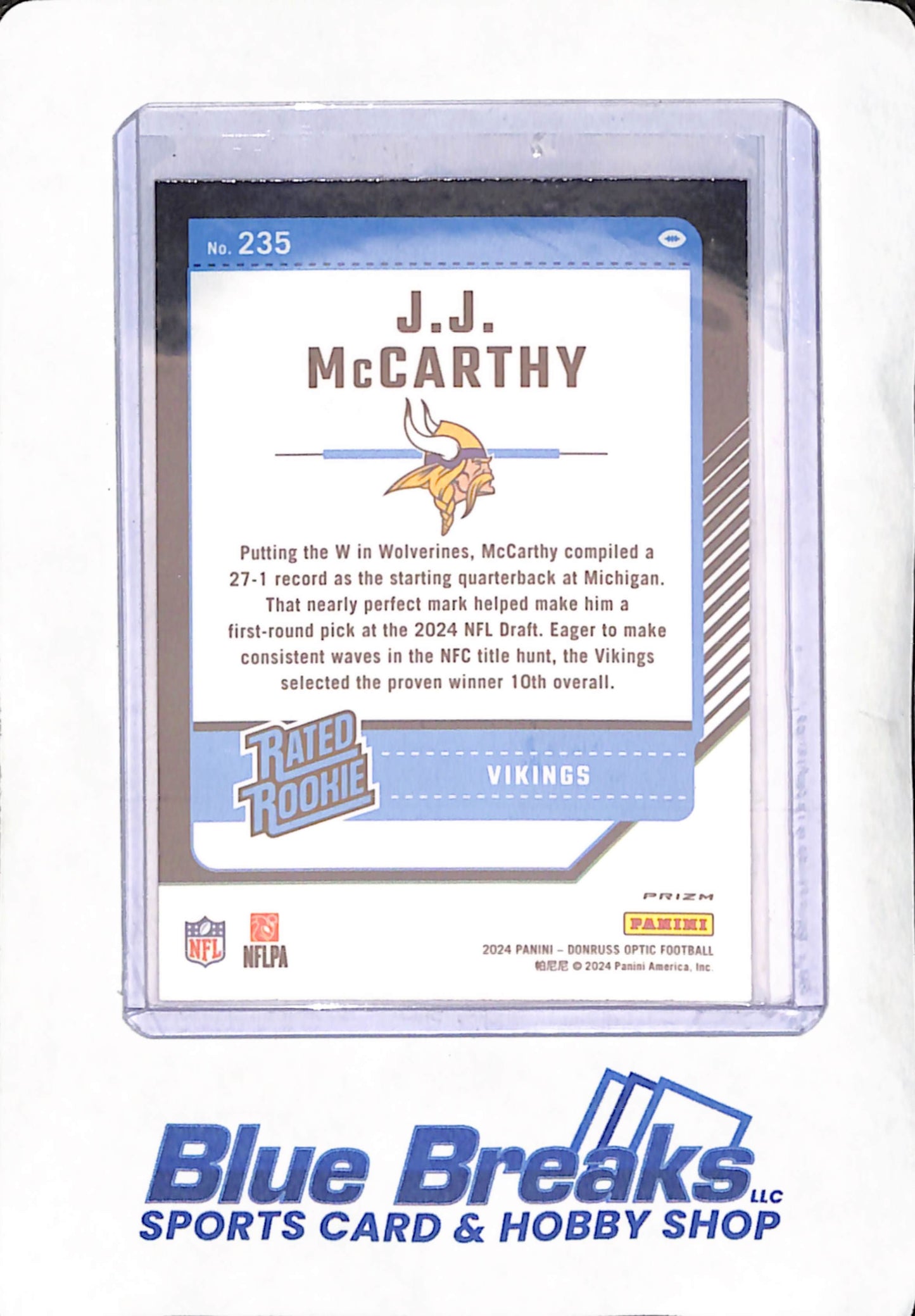 2024 Panini Donruss Optic - J.J. McCarthy - Silver Holo Prizm - Minnesota Vikings - Football - #235