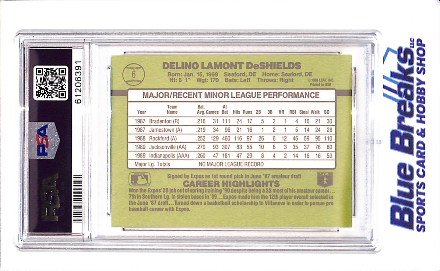 1990 Donruss - the Rookies - Delino DeShields - #6 - RC - PSA 9 - baseball - Expos - Nationals