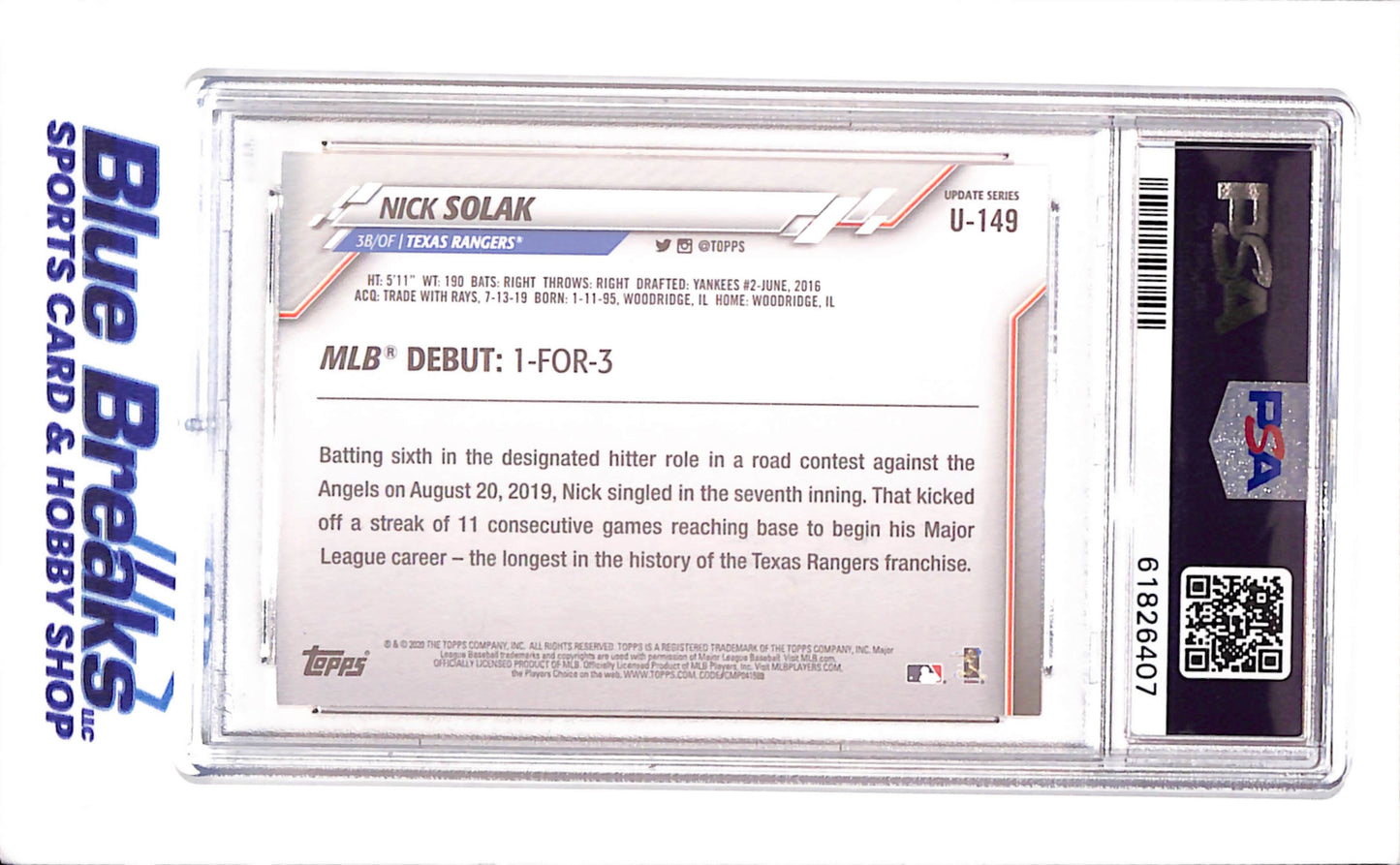 2020 Topps - Update - Nick Solak - RC - #U-149 - PSA 9 - baseball - Rangers