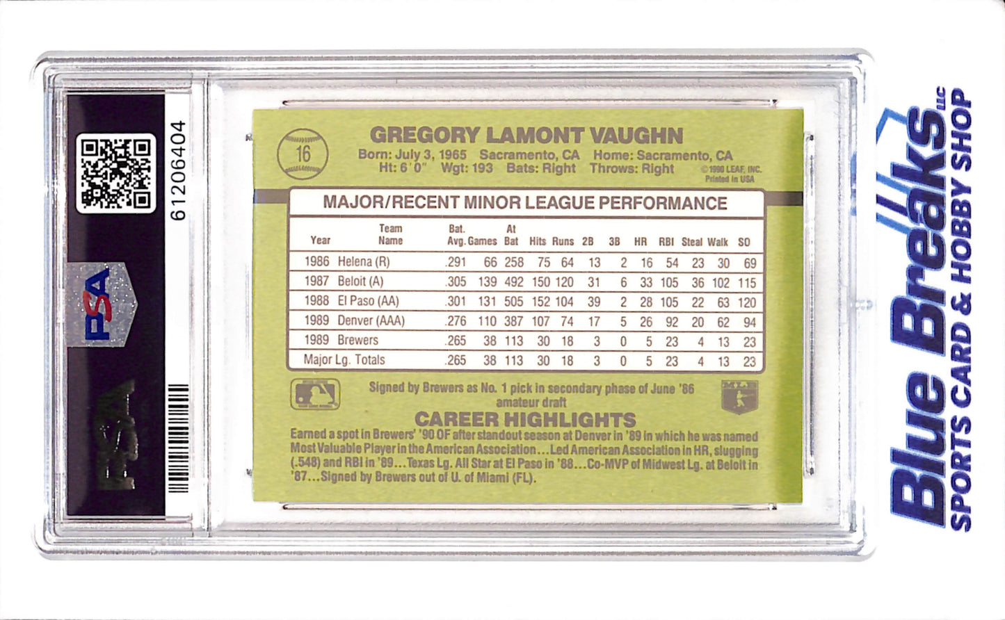 1990 Donruss - Rookies - Greg Vaughn - #16 - PSA 9 - baseball - Brewers