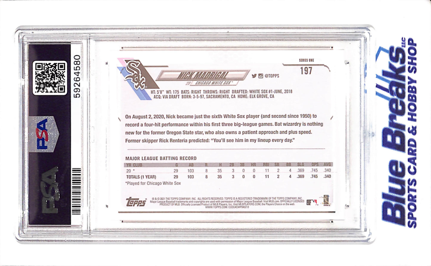 2021 Topps - Series One - Nick Madrigal - #197 - PSA 9 - baseball - White Sox