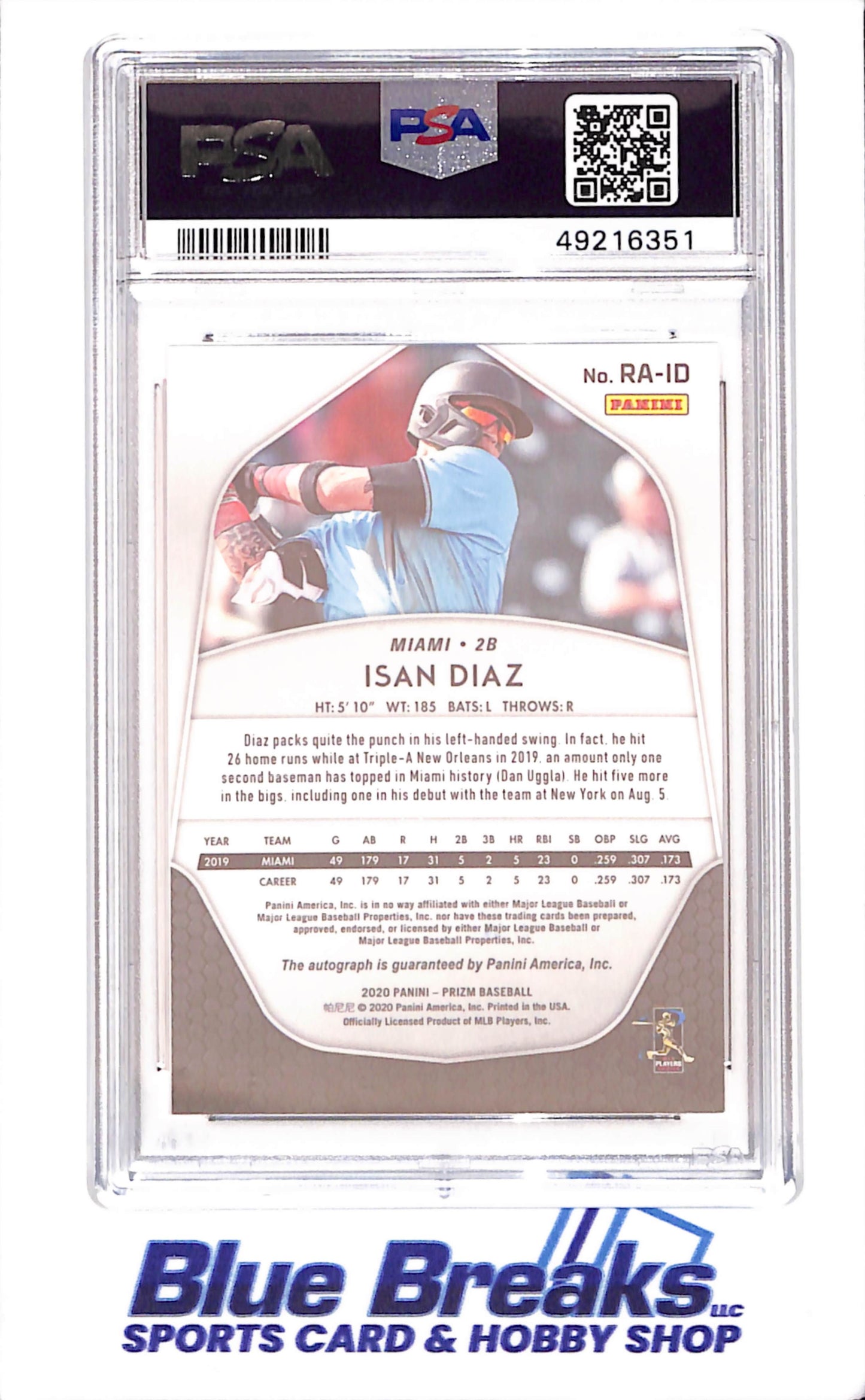 2020 Panini - Select - Rookie Signatures - Isan Diaz - auto - RC - #RA-ID - PSA 9 - baseball - Marlins
