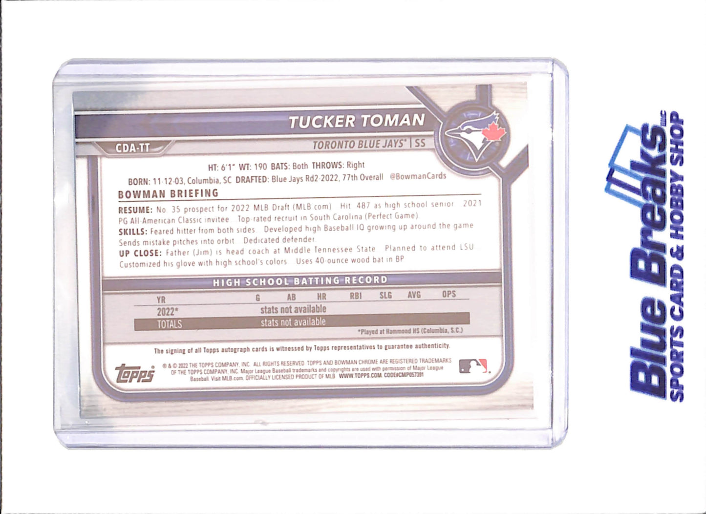 2022 Bowman Chrome - Tucker Toman - 1st Bowman Autograph - Toronto Blue Jays - Baseball - #CDA-TT