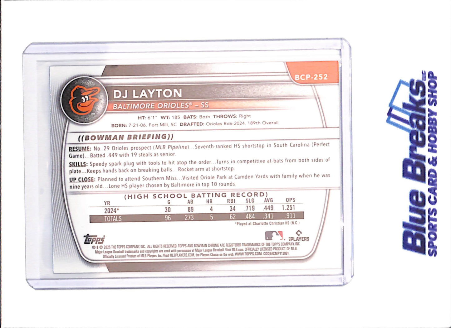 2025 Bowman Chrome - DJ Layton - Bowman 1st - Blue - 11/150 - Baltimore Orioles - Baseball - #BCP-252