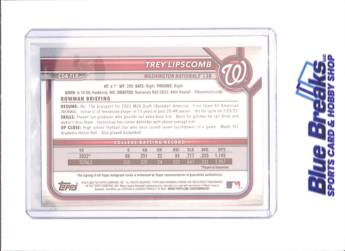 2022 Bowman Chrome - Trey Lipscomb - 1st Bowman Autograph - Washington Nationals - Baseball - #CDA-TLB