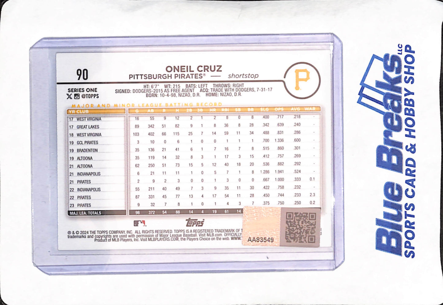 2024 Topps - Oneil Cruz - In person Autograph - Pittsburgh Pirates - Baseball - Total Sports Authentication - #90