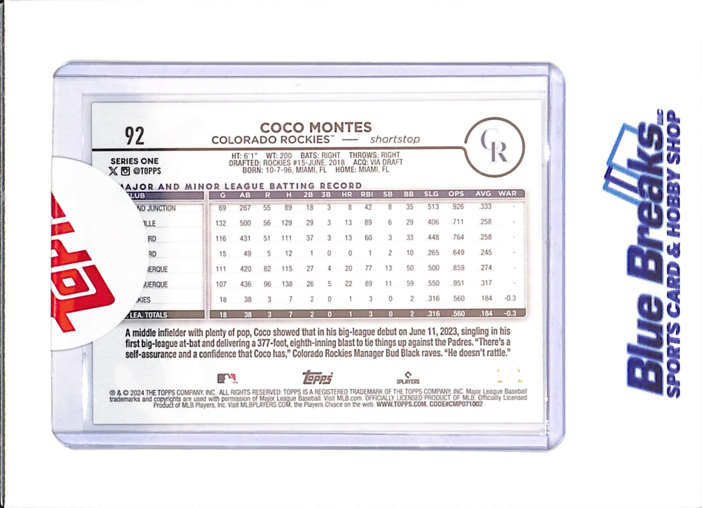 2024 Topps Series 1 - Coco Montes - First Card - 1/1 - RC - Colorado Rockies - Baseball - #92