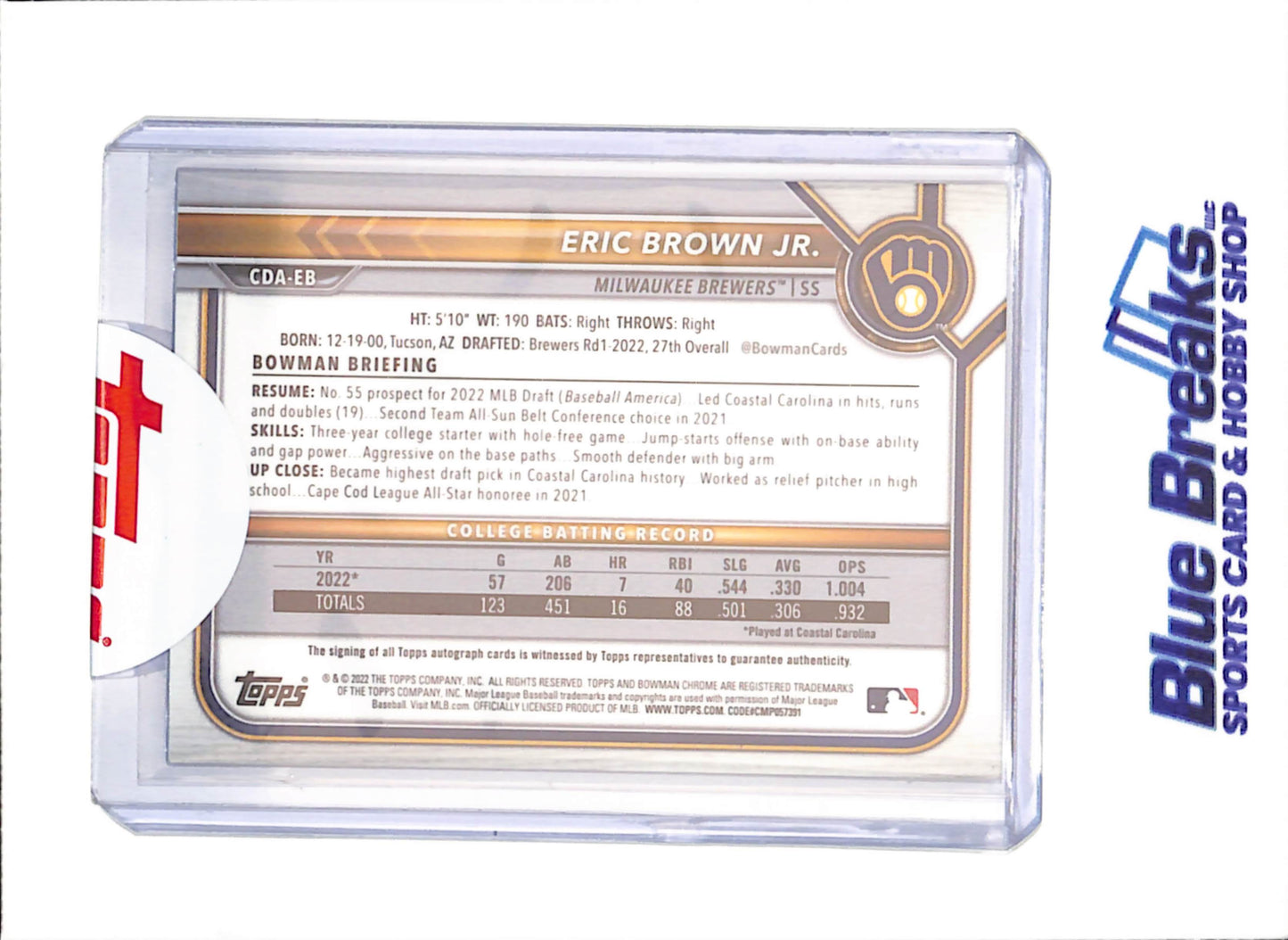 2022 Bowman Chrome - Eric Brown Jr - 1st Bowman Autograph - Blue - 29/150 - Milwaukee Brewers - Baseball - #CDA-EB