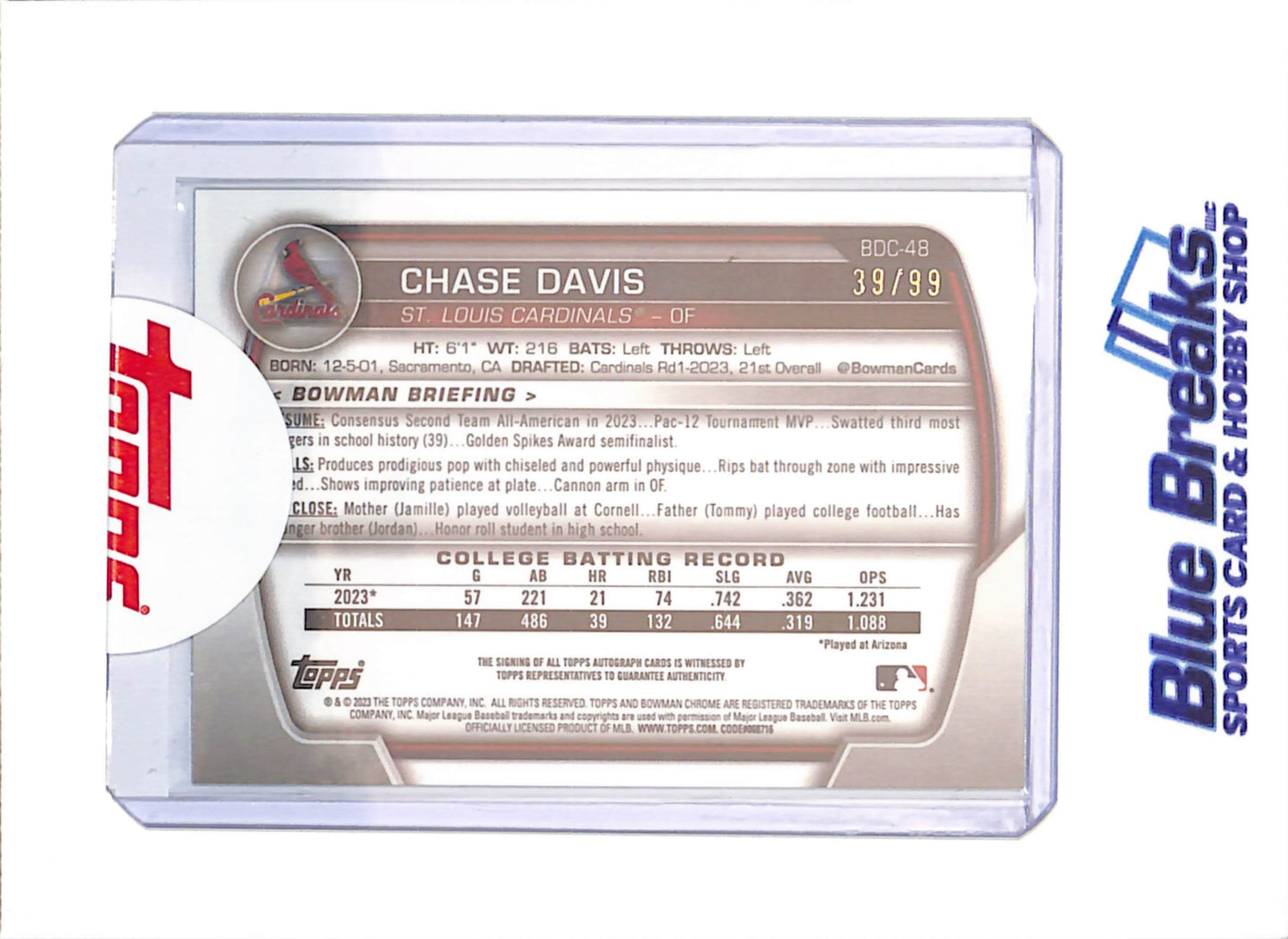 2023 Bowman Draft - Chase Davis - Chrome Autograph - 39/99 - St Louis Cardinals - Baseball - #BDC-48