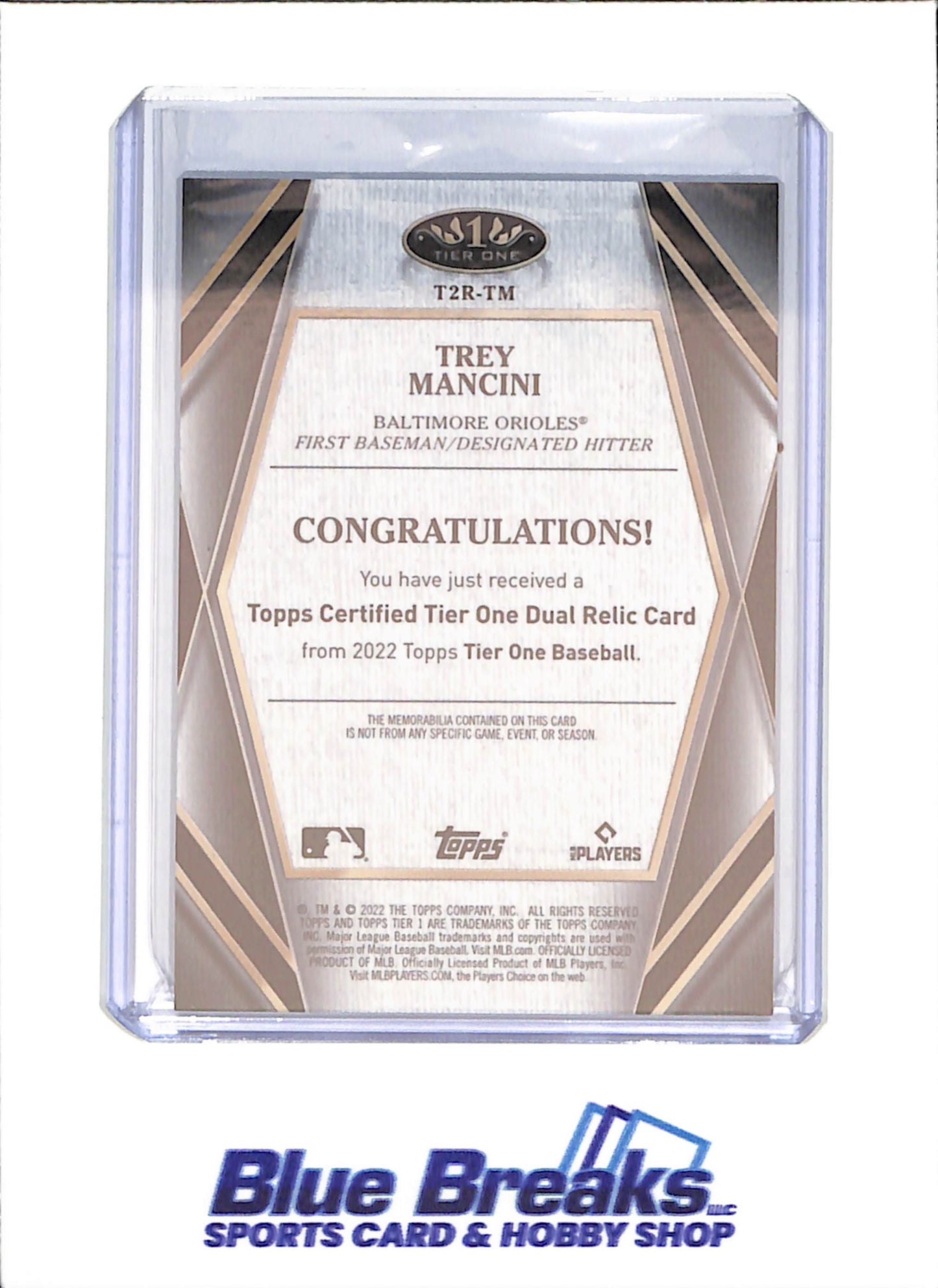 2022 Topps Tier One - Trey Mancini - Dual Relic - 9/25 - Baltimore Orioles - Baseball - #T2R-TM - drop