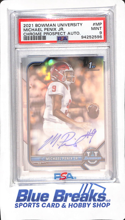2021 Bowman University - 1st Bowman - Chrome Prospect - Michael Penix Jr - auto - #BCPA-MP - PSA 9 - football - Falcons