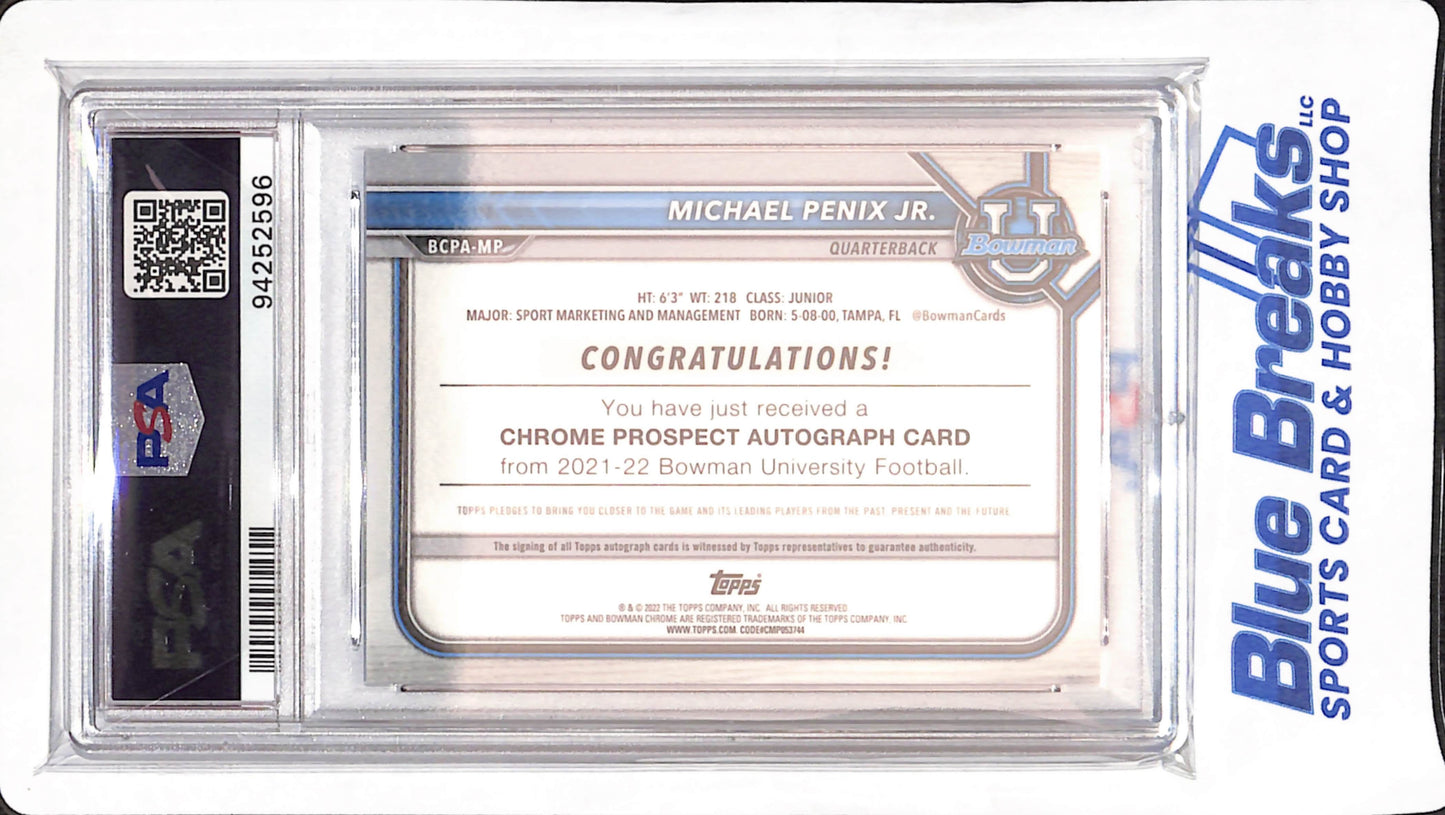 2021 Bowman University - 1st Bowman - Chrome Prospect - Michael Penix Jr - auto - #BCPA-MP - PSA 9 - football - Falcons