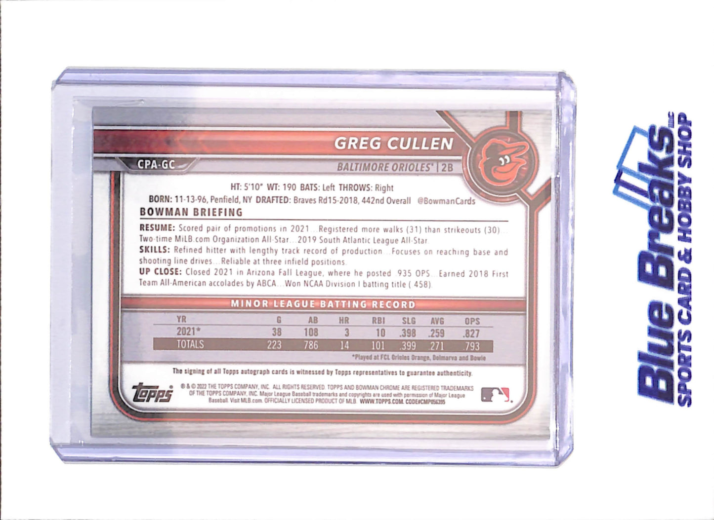 2022 Bowman Chrome - Greg Cullen - 1st Bowman Autograph - 22/100 - Baltimore Orioles - Baseball - #CPA-GC - drop