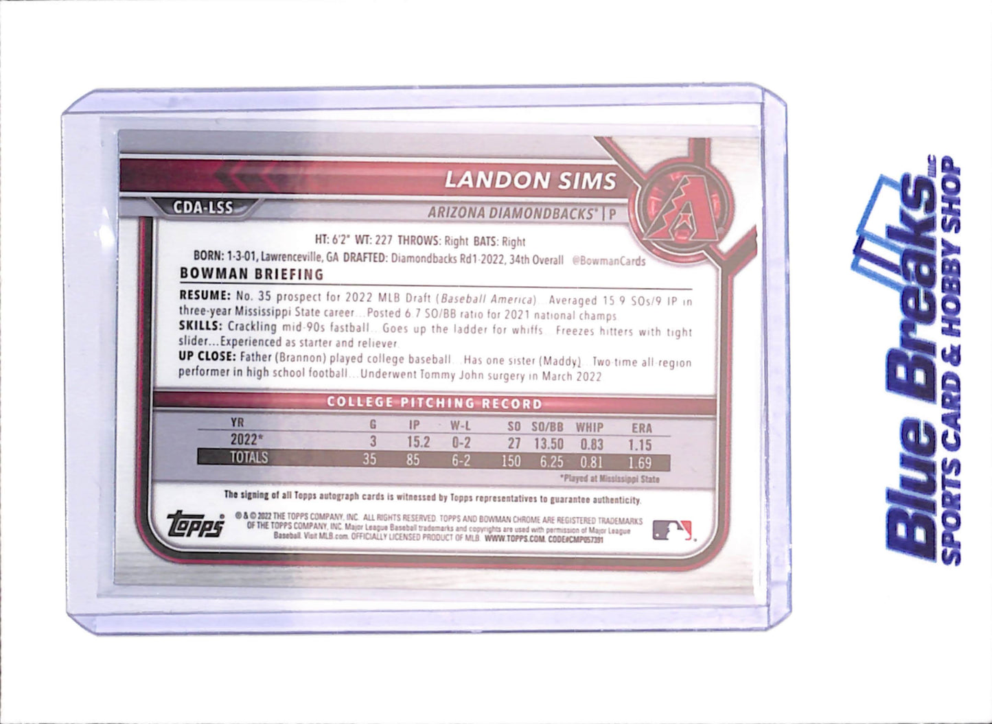 2022 Bowman Chrome - Landon Sims - Bowman 1st Autograph - Blue 15/150 - Arizona Diamondbacks - Baseball - #CDA-LSS - drop