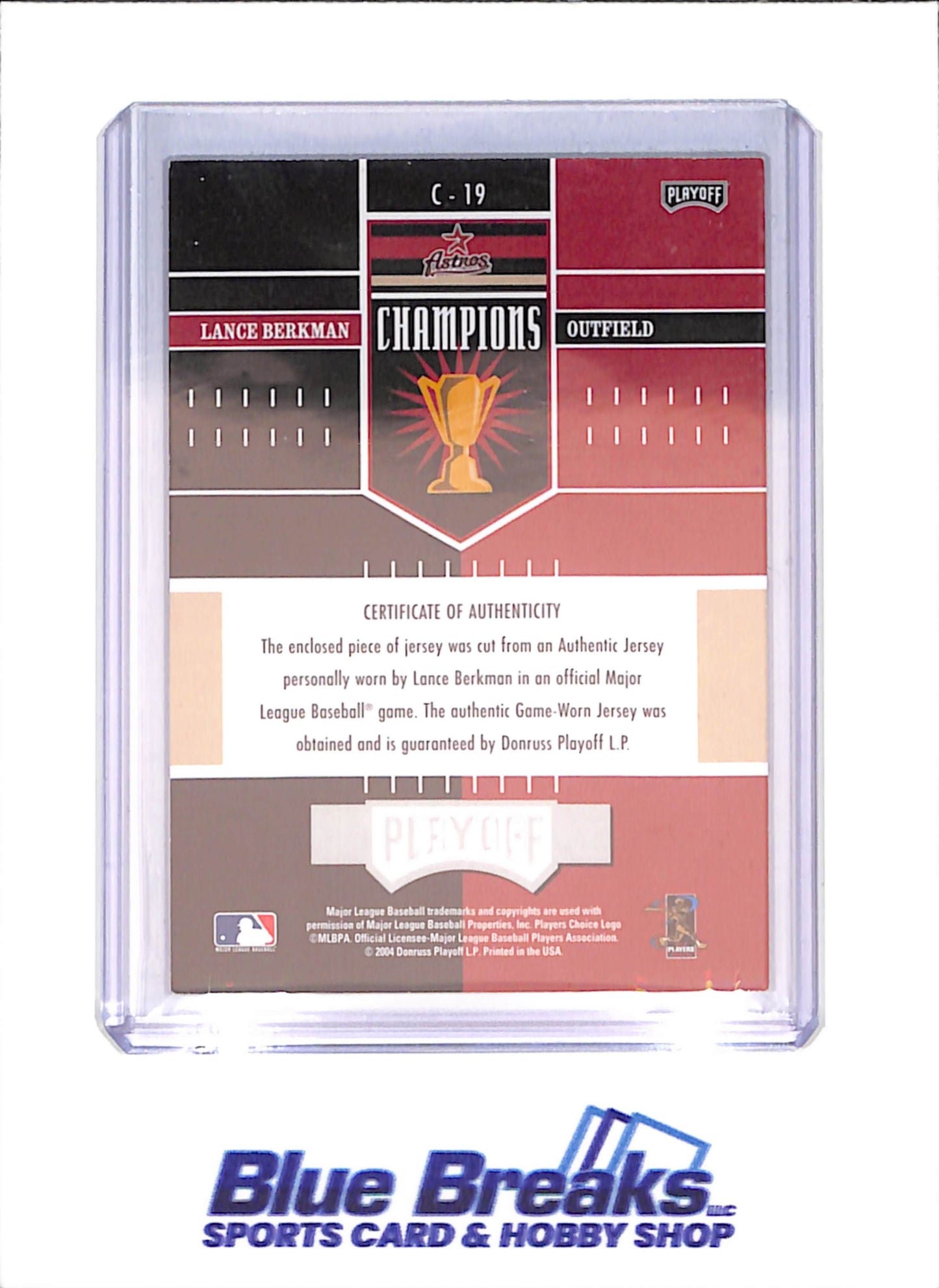 2004 Playoff Honors - Lance Berkman - Astros Champions - Game-worn Relic - 6/10 - Houston Astros - Baseball - #C-19 - drop