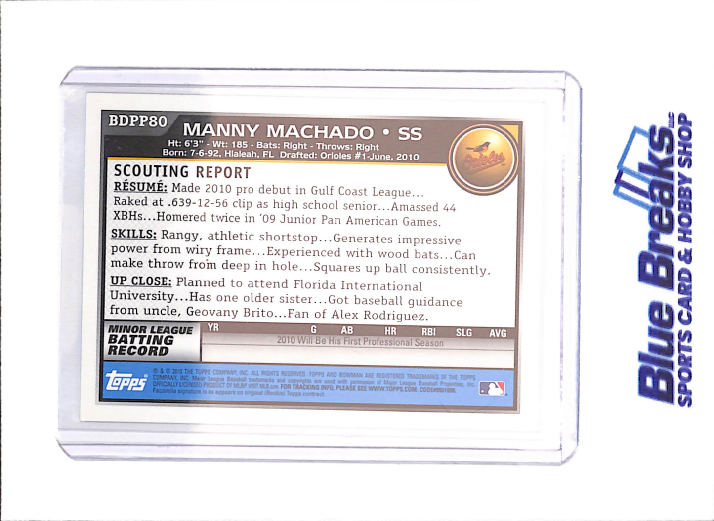 2010 Bowman - Manny Machado - 1st Bowman - Baltimore Orioles - Baseball - #BDPP80 - drop