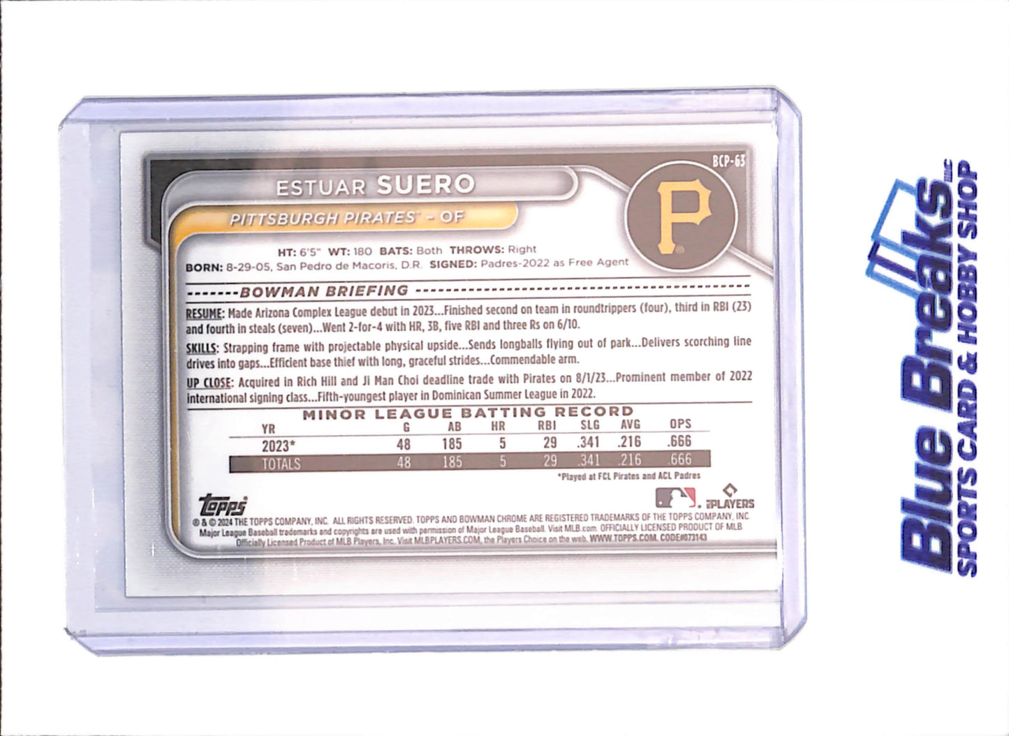 2024 Bowman Chrome - Estuar Suero - 1st Bowman - Purple Raywave - 109/250 - Pittsburgh Pirates - Baseball - drop