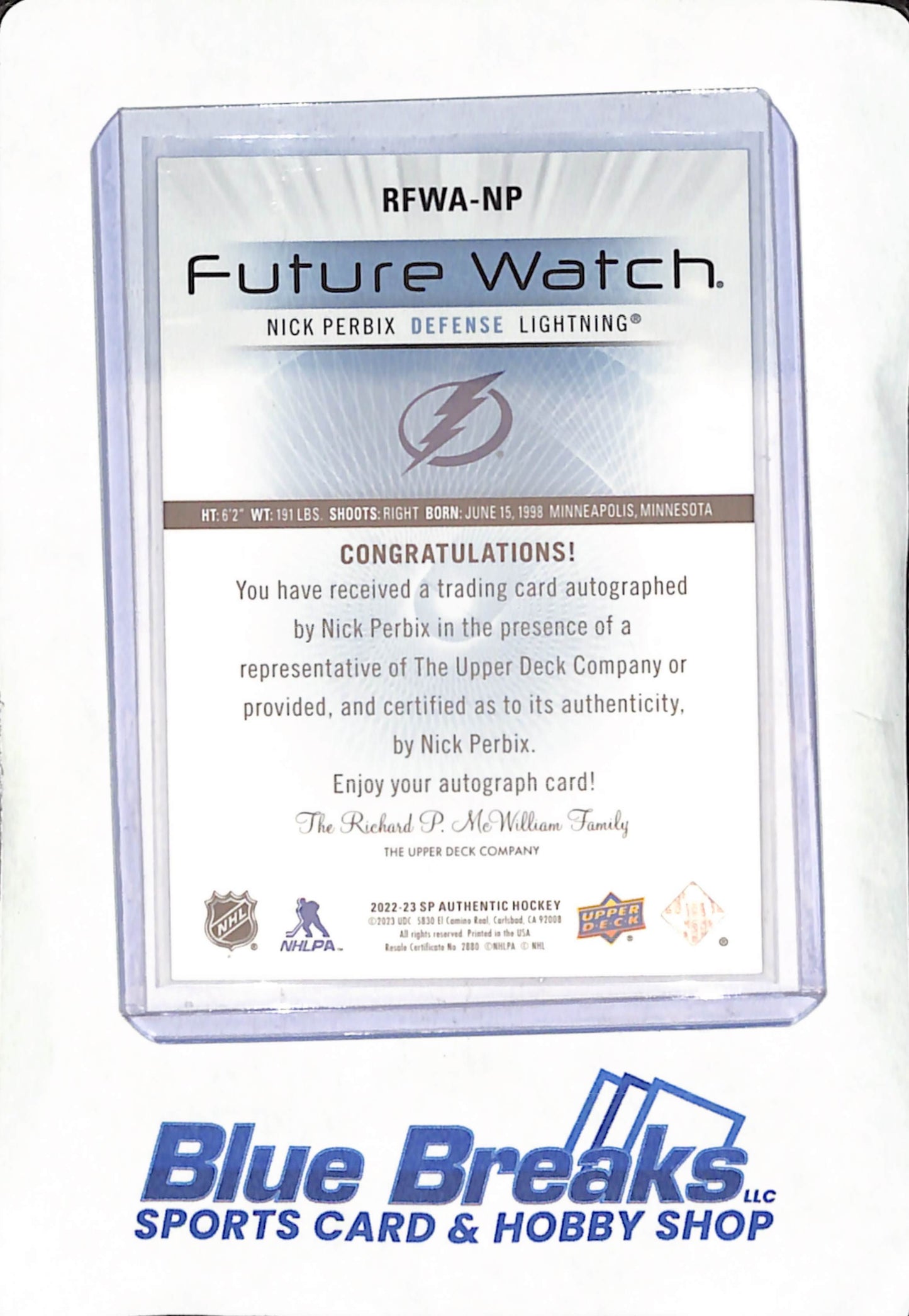 2022-23 SP Authentic - Nick Perbix - Future Watch Autograph - Tampa Bay Lightning - Hockey - 220/699 - #RFWA-NP