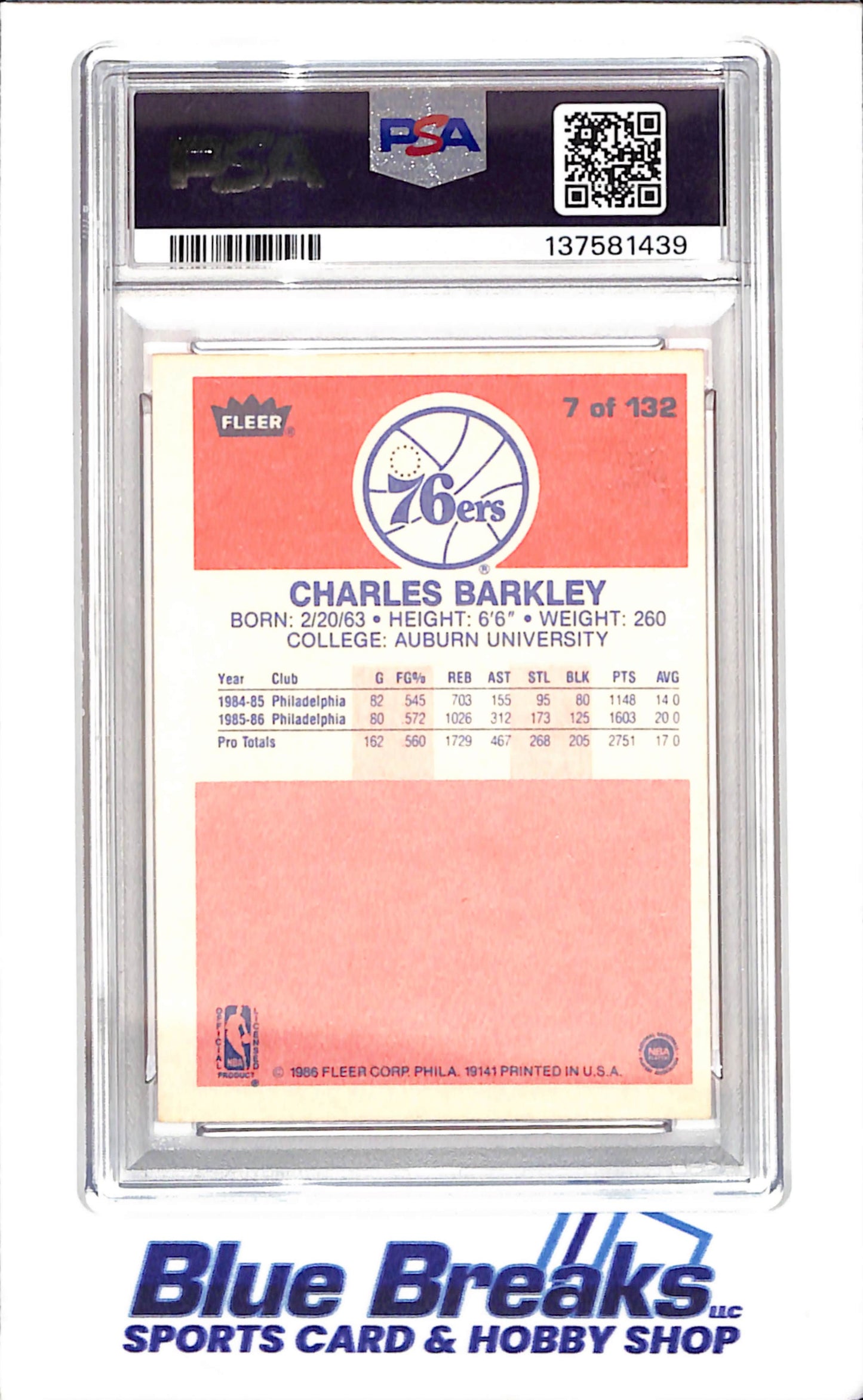 1986 Fleer - Charles Barkley - PSA 5 - Philadelphia 76ers - Basketball - #7