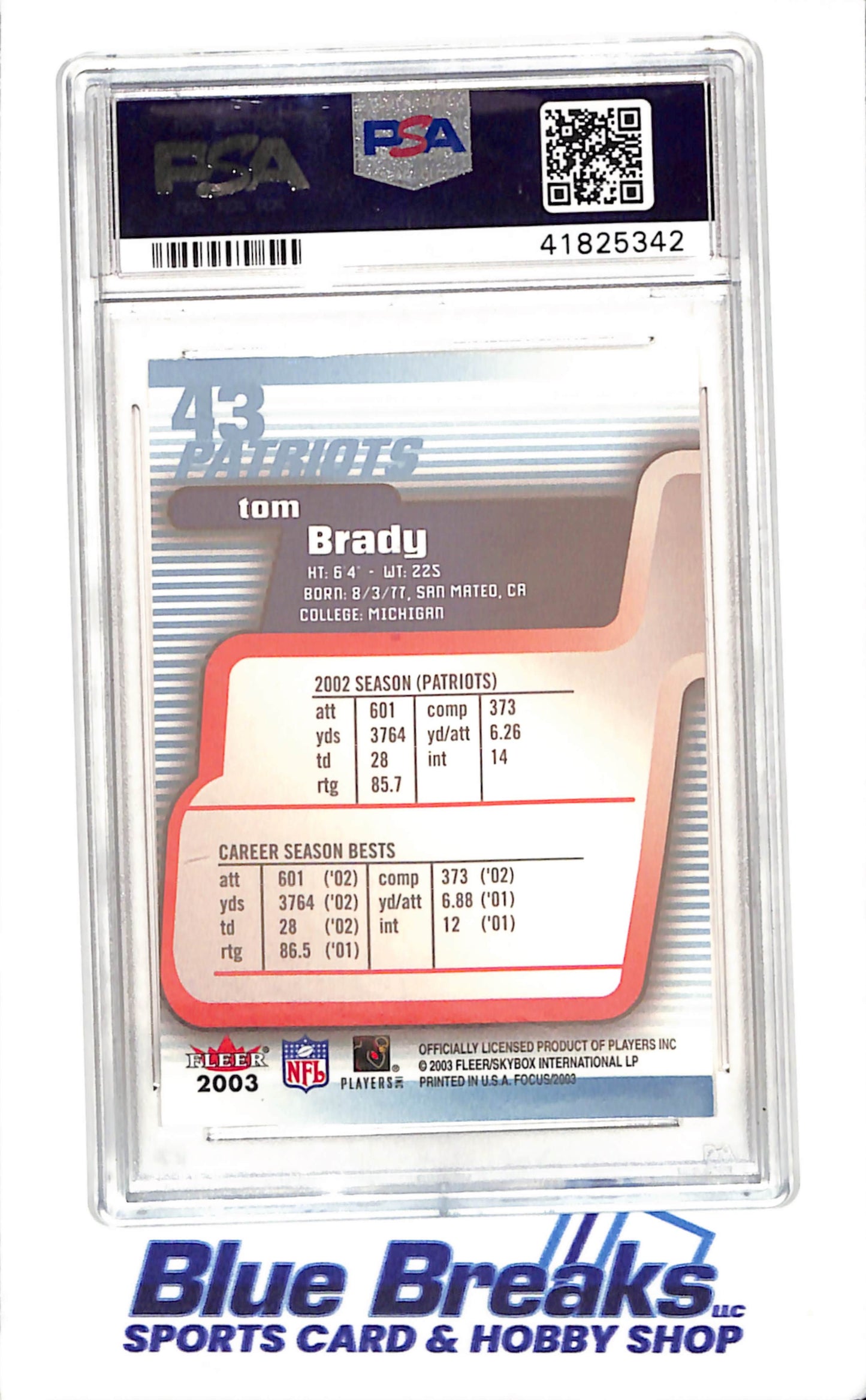 2003 Fleer Focus - Tom Brady - PSA 10 - New England Patriots - Football - #43