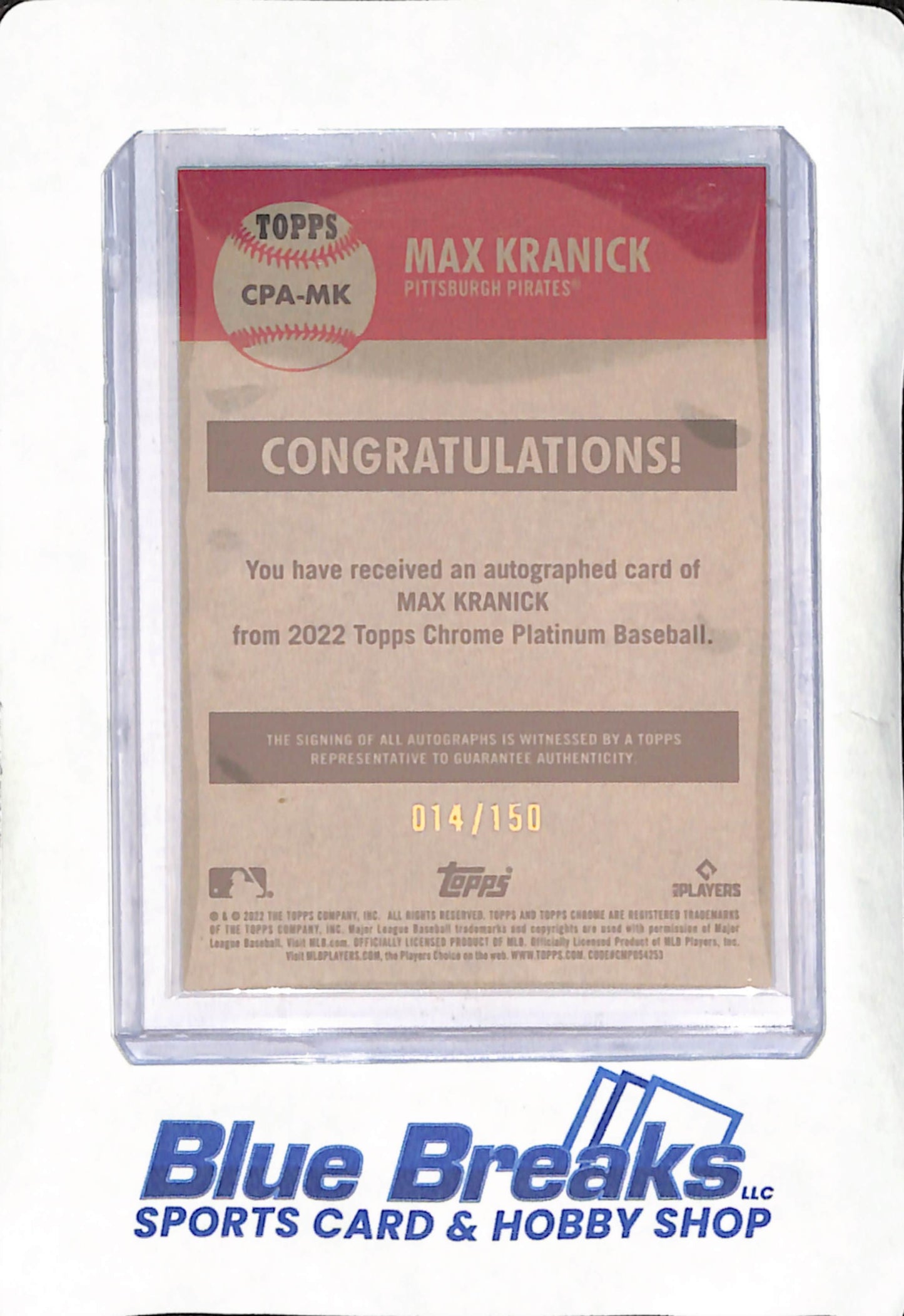 2022 Topps Chrome Platinum - Max Kranick - Aqua Refractor Autograph - RC - Pittsburgh Pirates - Baseball - 14/150 - #CPA-MK